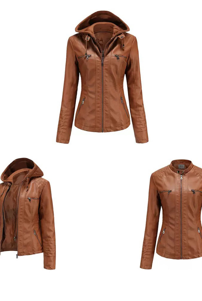 Faux Leather Hooded Zip-Up Jacket-Jackets-Krush Kandy, Women's Online Fashion Boutique Located in Phoenix, Arizona (Scottsdale Area)