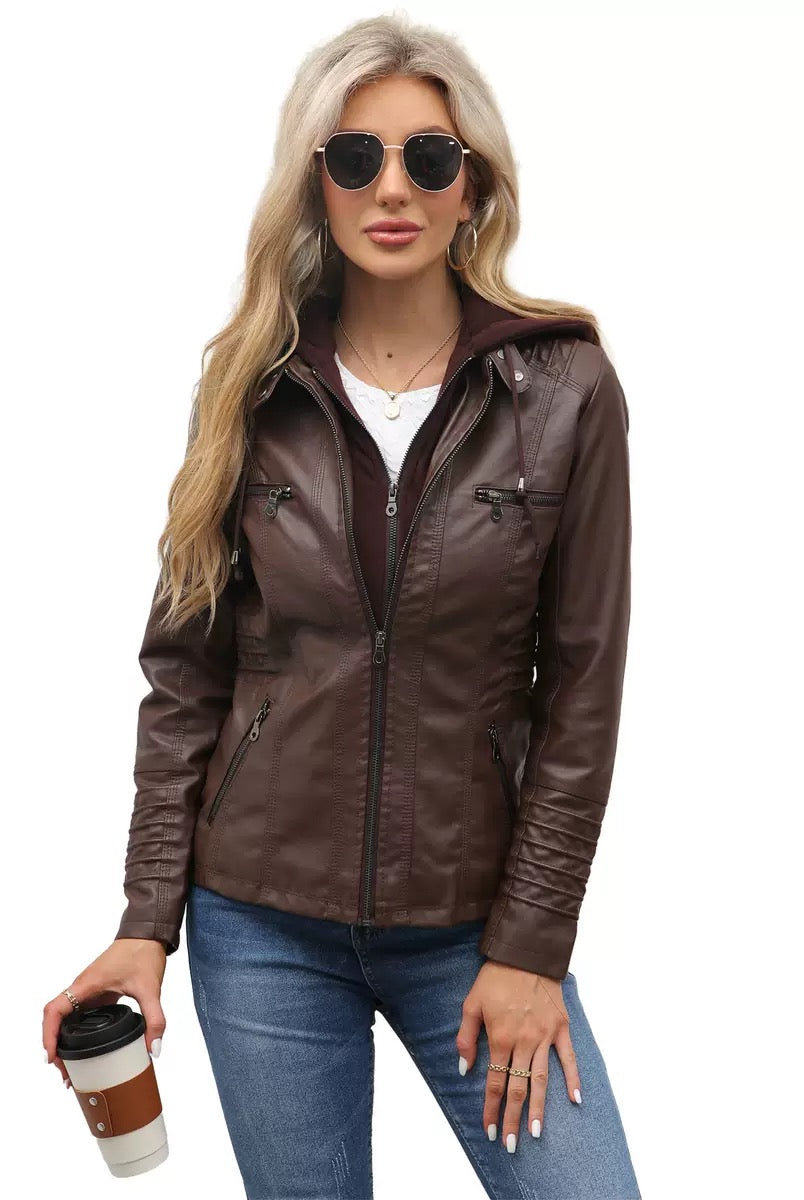 Faux Leather Hooded Zip-Up Jacket-Jackets-Krush Kandy, Women's Online Fashion Boutique Located in Phoenix, Arizona (Scottsdale Area)