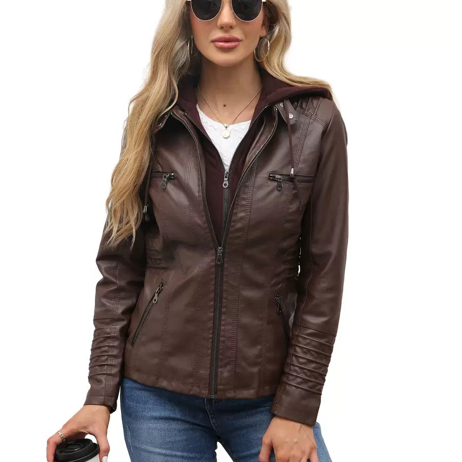 Faux Leather Hooded Zip-Up Jacket-Jackets-Krush Kandy, Women's Online Fashion Boutique Located in Phoenix, Arizona (Scottsdale Area)