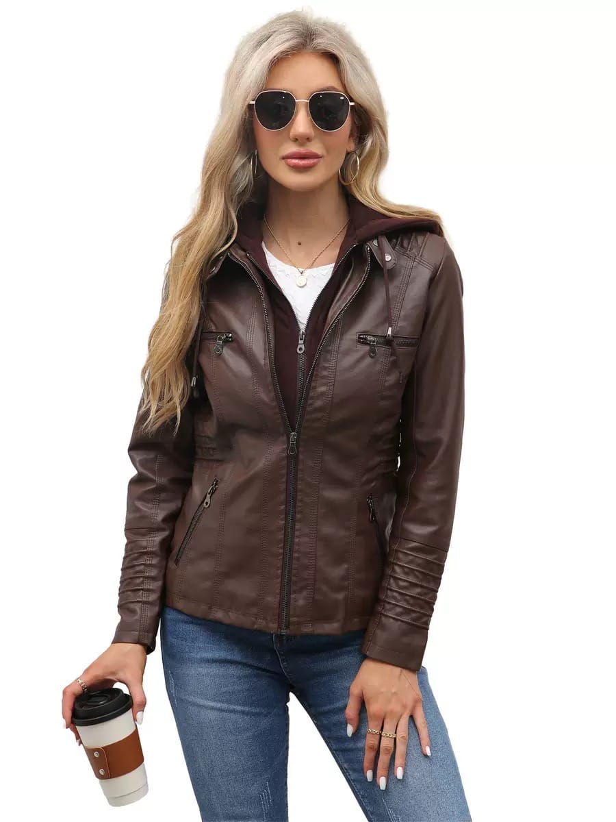 Faux Leather Hooded Zip-Up Jacket-Jackets-Krush Kandy, Women's Online Fashion Boutique Located in Phoenix, Arizona (Scottsdale Area)