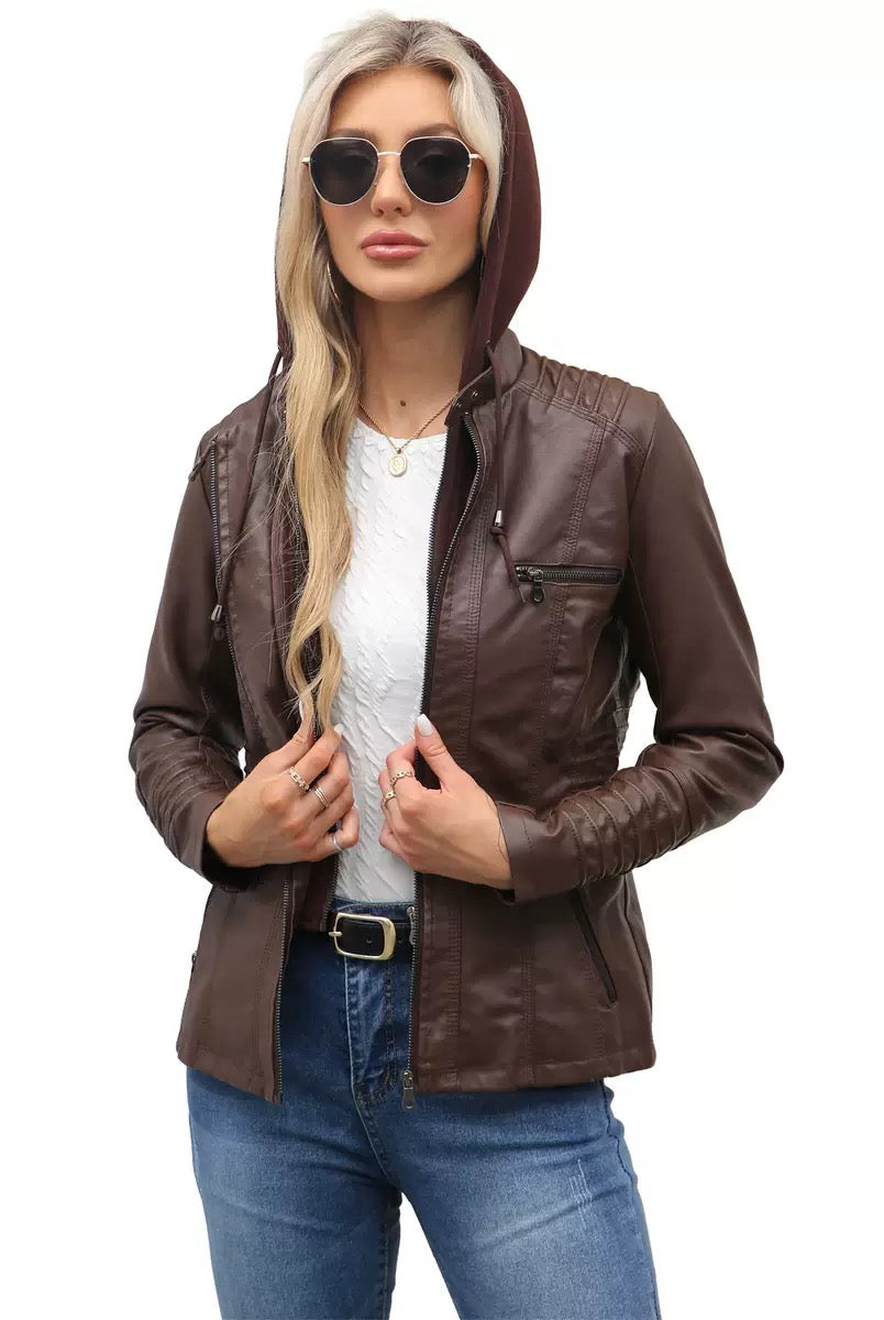 Faux Leather Hooded Zip-Up Jacket-Jackets-Krush Kandy, Women's Online Fashion Boutique Located in Phoenix, Arizona (Scottsdale Area)