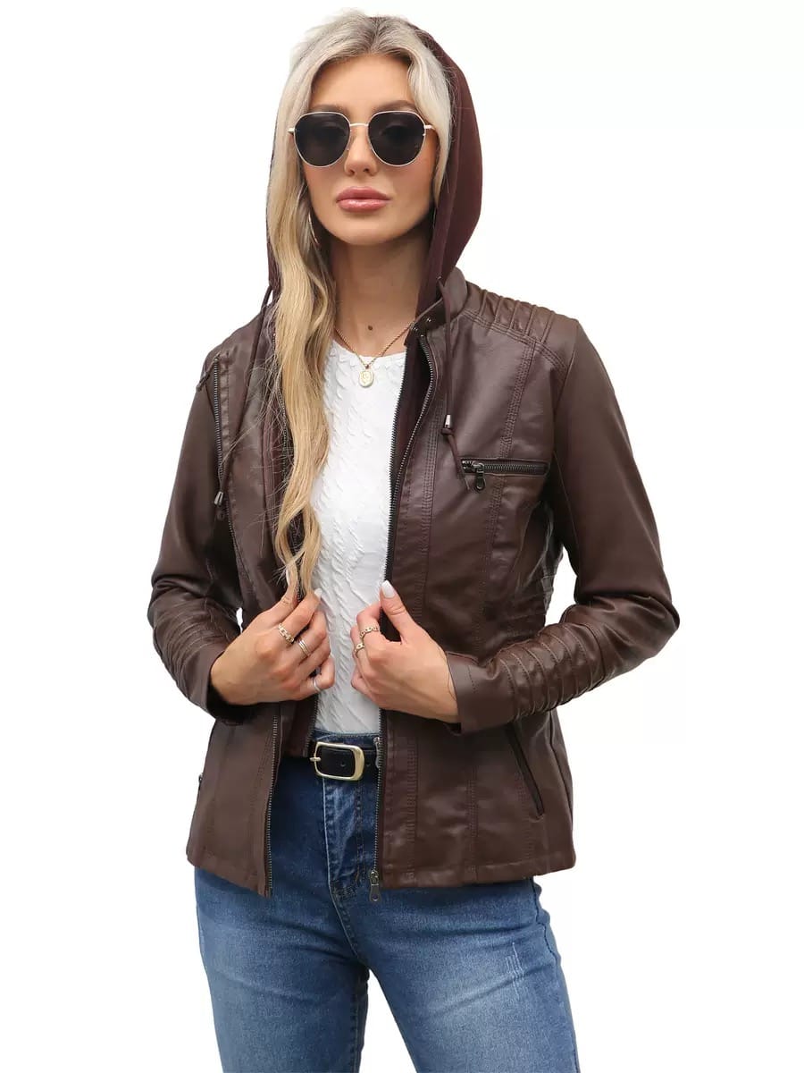 Faux Leather Hooded Zip-Up Jacket-Jackets-Krush Kandy, Women's Online Fashion Boutique Located in Phoenix, Arizona (Scottsdale Area)