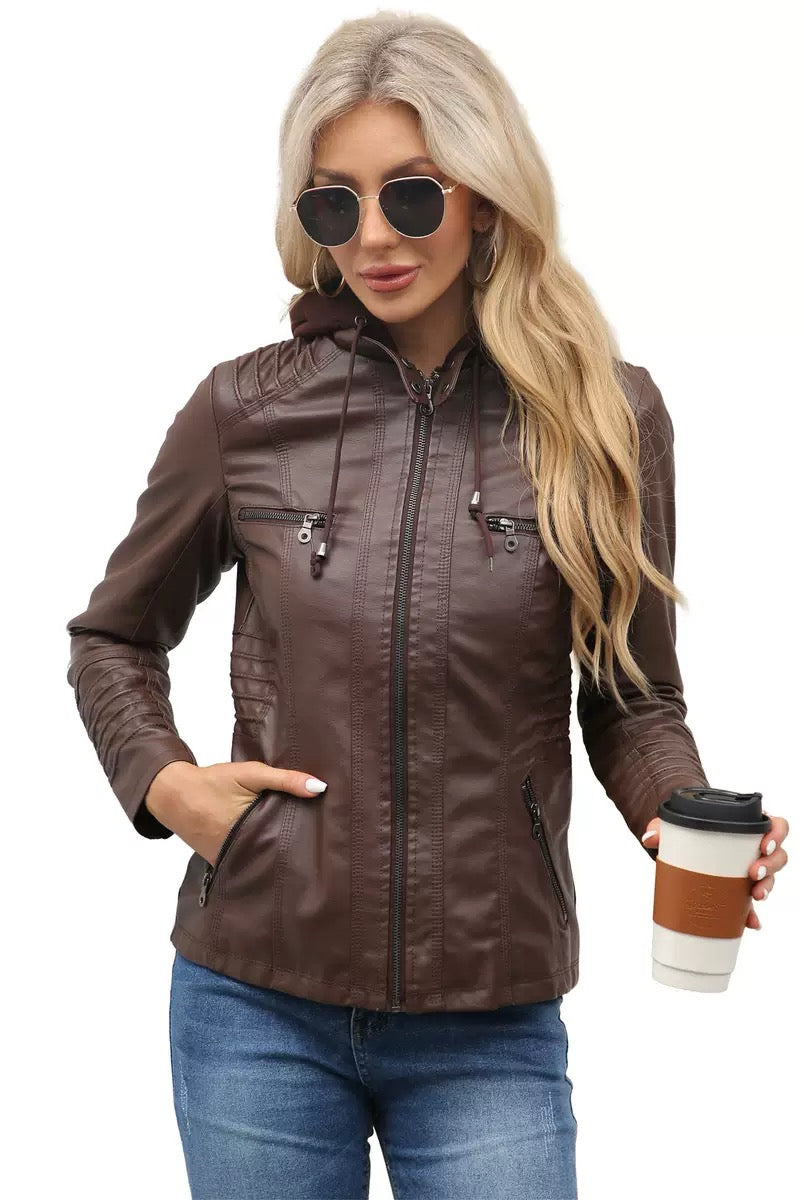 Faux Leather Hooded Zip-Up Jacket-Jackets-Krush Kandy, Women's Online Fashion Boutique Located in Phoenix, Arizona (Scottsdale Area)