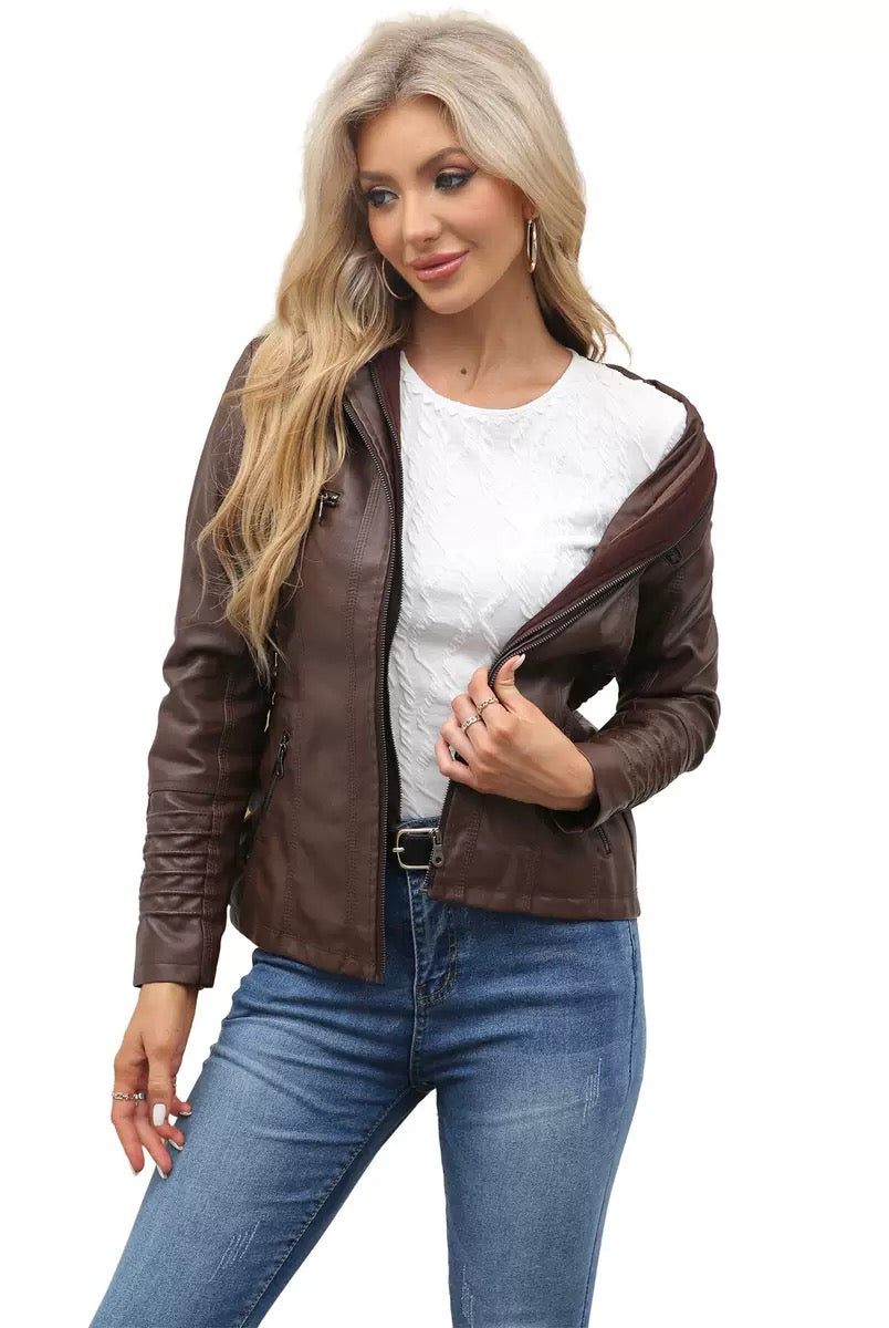 Faux Leather Hooded Zip-Up Jacket-Jackets-Krush Kandy, Women's Online Fashion Boutique Located in Phoenix, Arizona (Scottsdale Area)