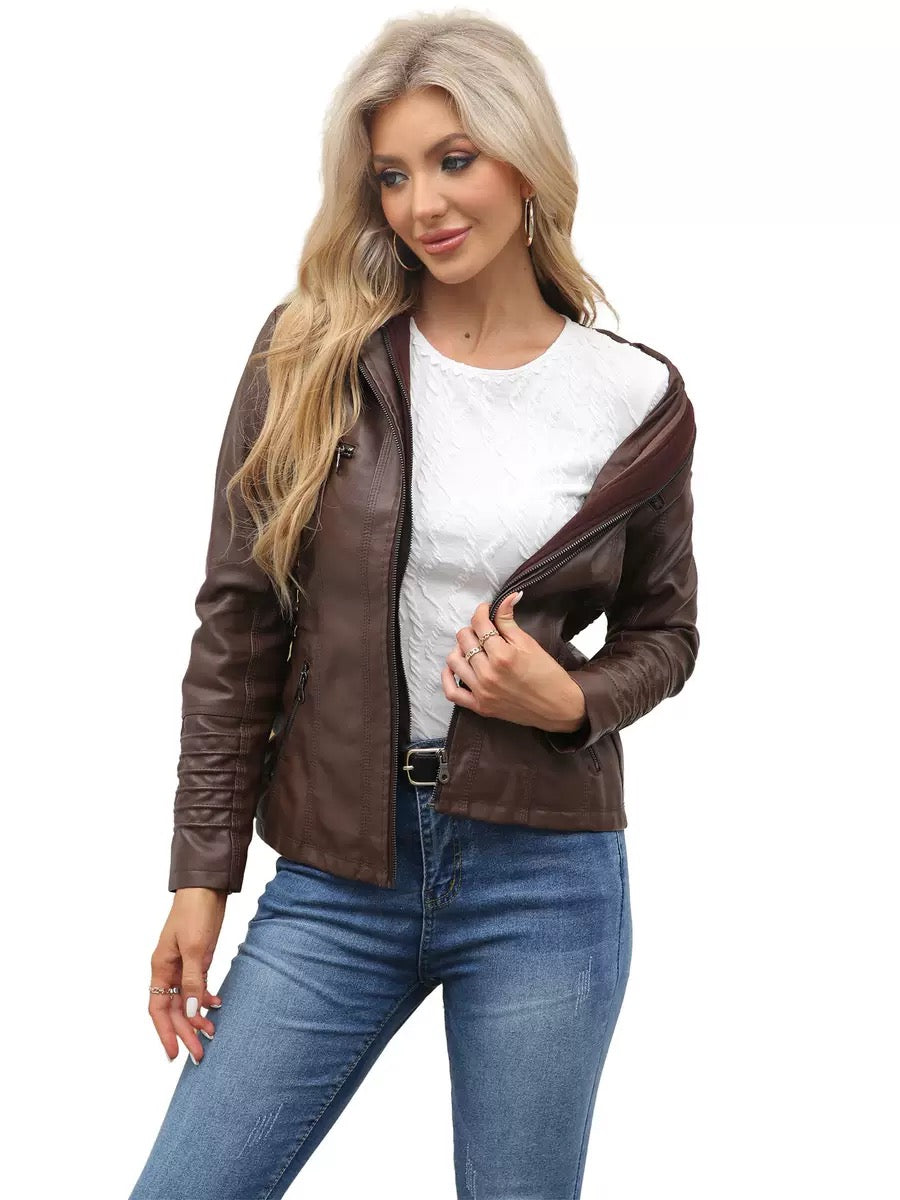 Faux Leather Hooded Zip-Up Jacket-Jackets-Krush Kandy, Women's Online Fashion Boutique Located in Phoenix, Arizona (Scottsdale Area)