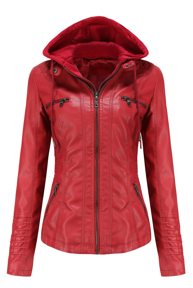 Faux Leather Hooded Zip-Up Jacket-Jackets-Krush Kandy, Women's Online Fashion Boutique Located in Phoenix, Arizona (Scottsdale Area)