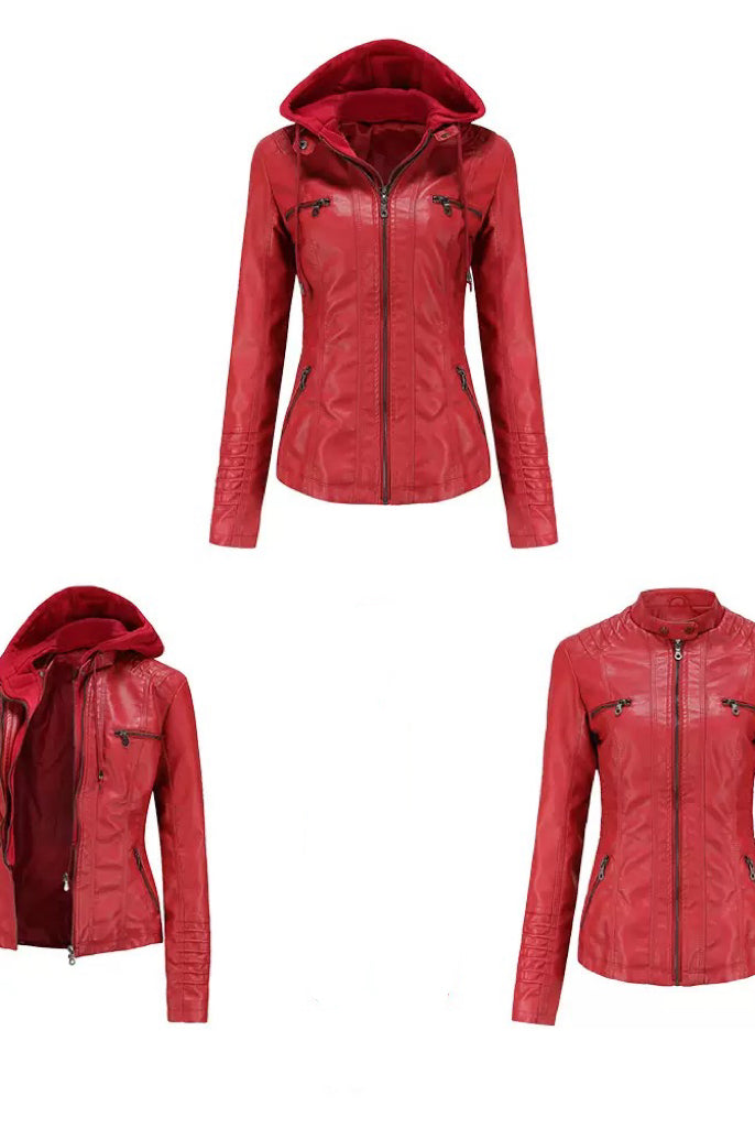 Faux Leather Hooded Zip-Up Jacket-Jackets-Krush Kandy, Women's Online Fashion Boutique Located in Phoenix, Arizona (Scottsdale Area)