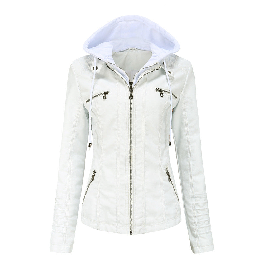 Faux Leather Hooded Zip-Up Jacket-Jackets-Krush Kandy, Women's Online Fashion Boutique Located in Phoenix, Arizona (Scottsdale Area)