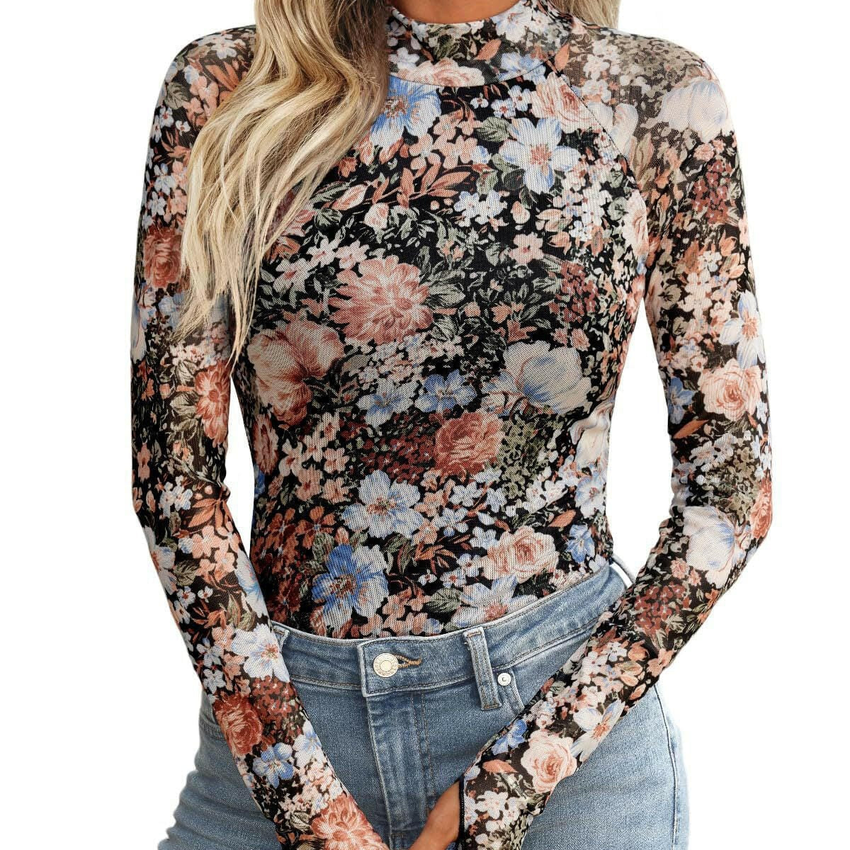 Midnight Garden Mesh Long Sleeve Top-Tops-Krush Kandy, Women's Online Fashion Boutique Located in Phoenix, Arizona (Scottsdale Area)