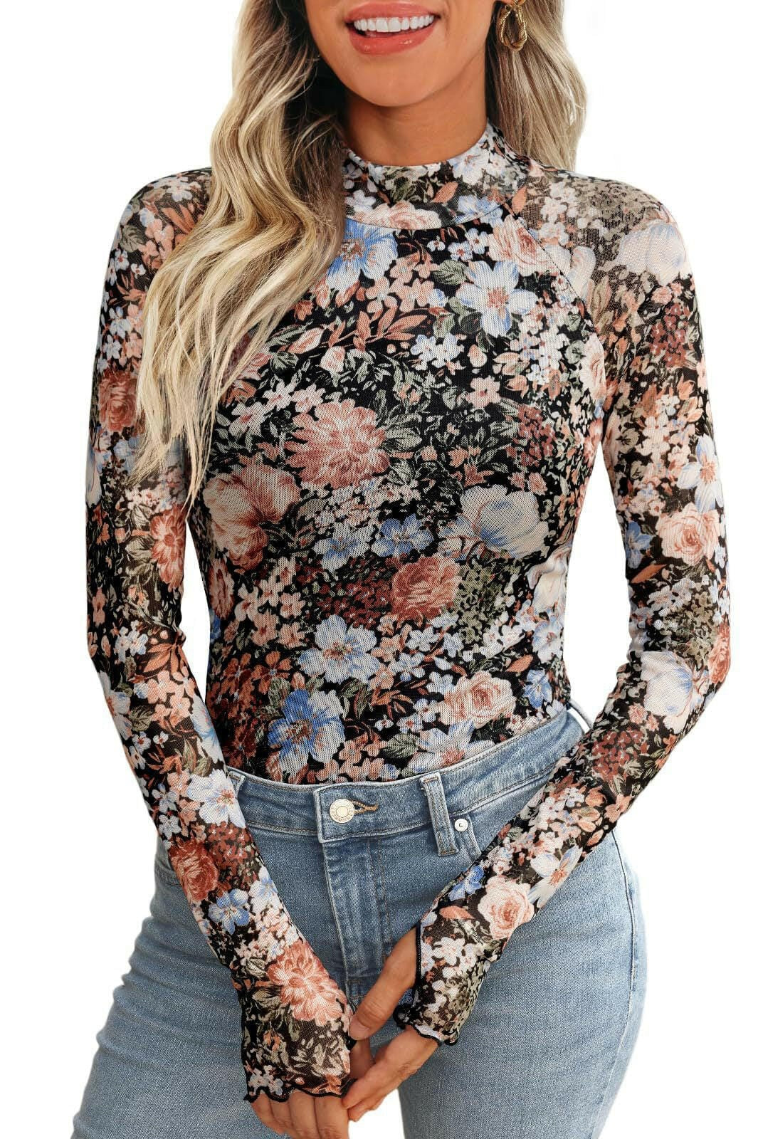 Midnight Garden Mesh Long Sleeve Top-Tops-Krush Kandy, Women's Online Fashion Boutique Located in Phoenix, Arizona (Scottsdale Area)