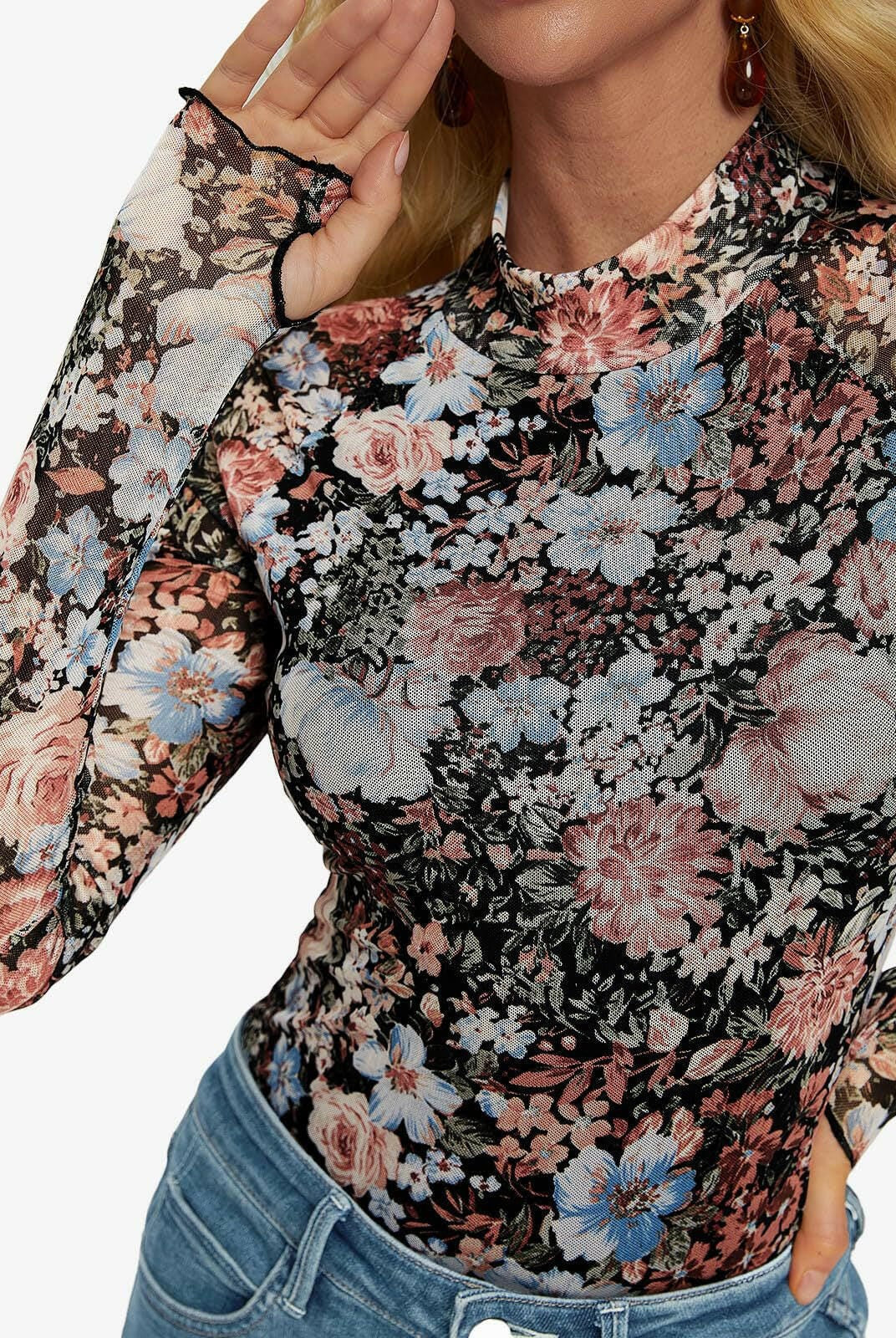 Midnight Garden Mesh Long Sleeve Top-Tops-Krush Kandy, Women's Online Fashion Boutique Located in Phoenix, Arizona (Scottsdale Area)