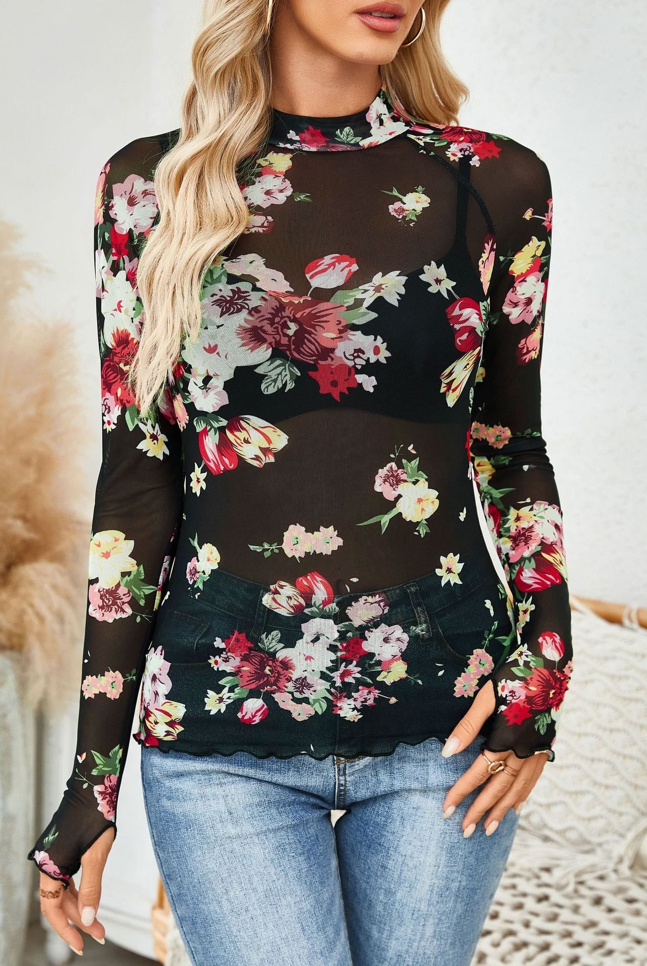 Sheer Floral Long Sleeve Top-Cardigan-Krush Kandy, Women's Online Fashion Boutique Located in Phoenix, Arizona (Scottsdale Area)