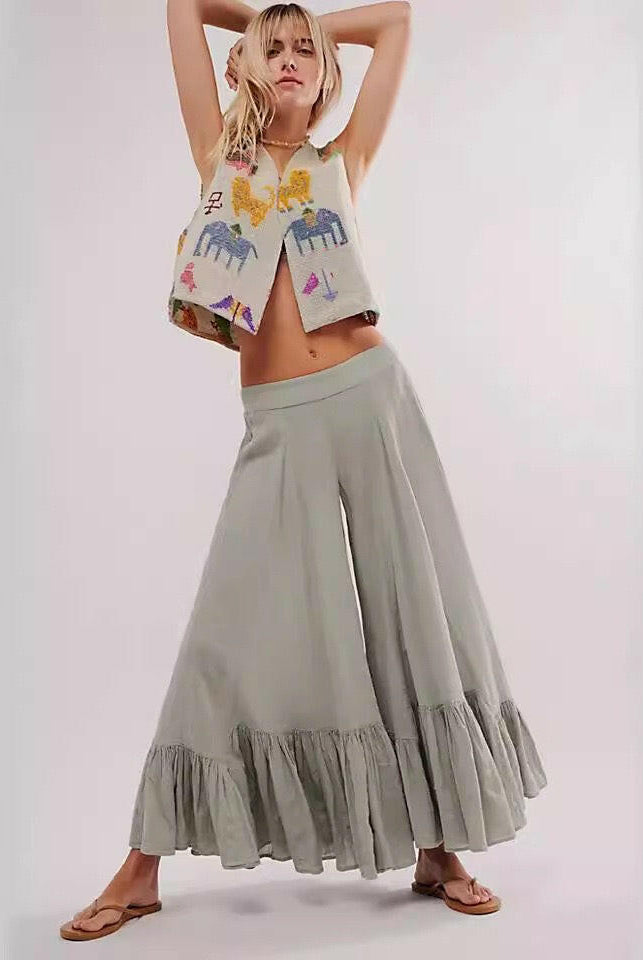 Willow Breeze Wide-Leg Boho Ruffle Pants-Pants-Krush Kandy, Women's Online Fashion Boutique Located in Phoenix, Arizona (Scottsdale Area)