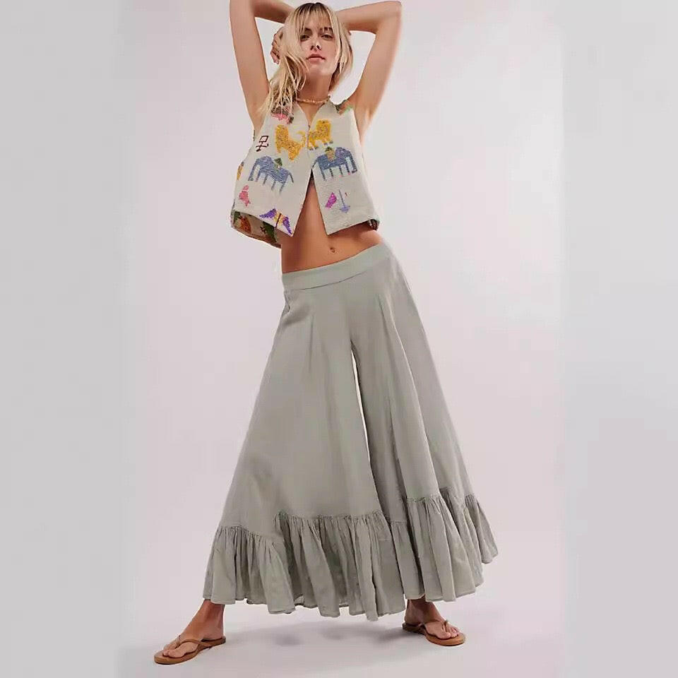 Willow Breeze Wide-Leg Boho Ruffle Pants-Pants-Krush Kandy, Women's Online Fashion Boutique Located in Phoenix, Arizona (Scottsdale Area)