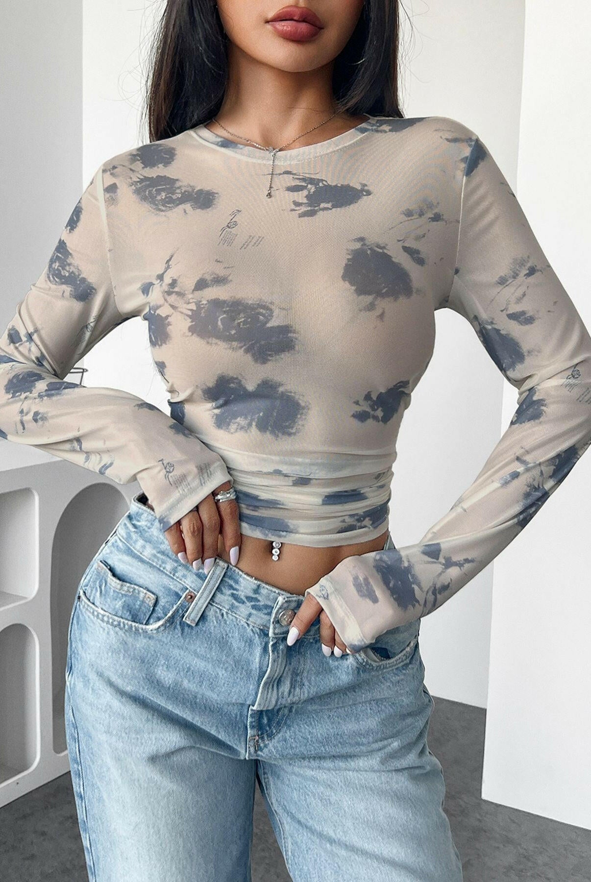 Cloud Wash Mesh Long Sleeve Top-Tops-Krush Kandy, Women's Online Fashion Boutique Located in Phoenix, Arizona (Scottsdale Area)
