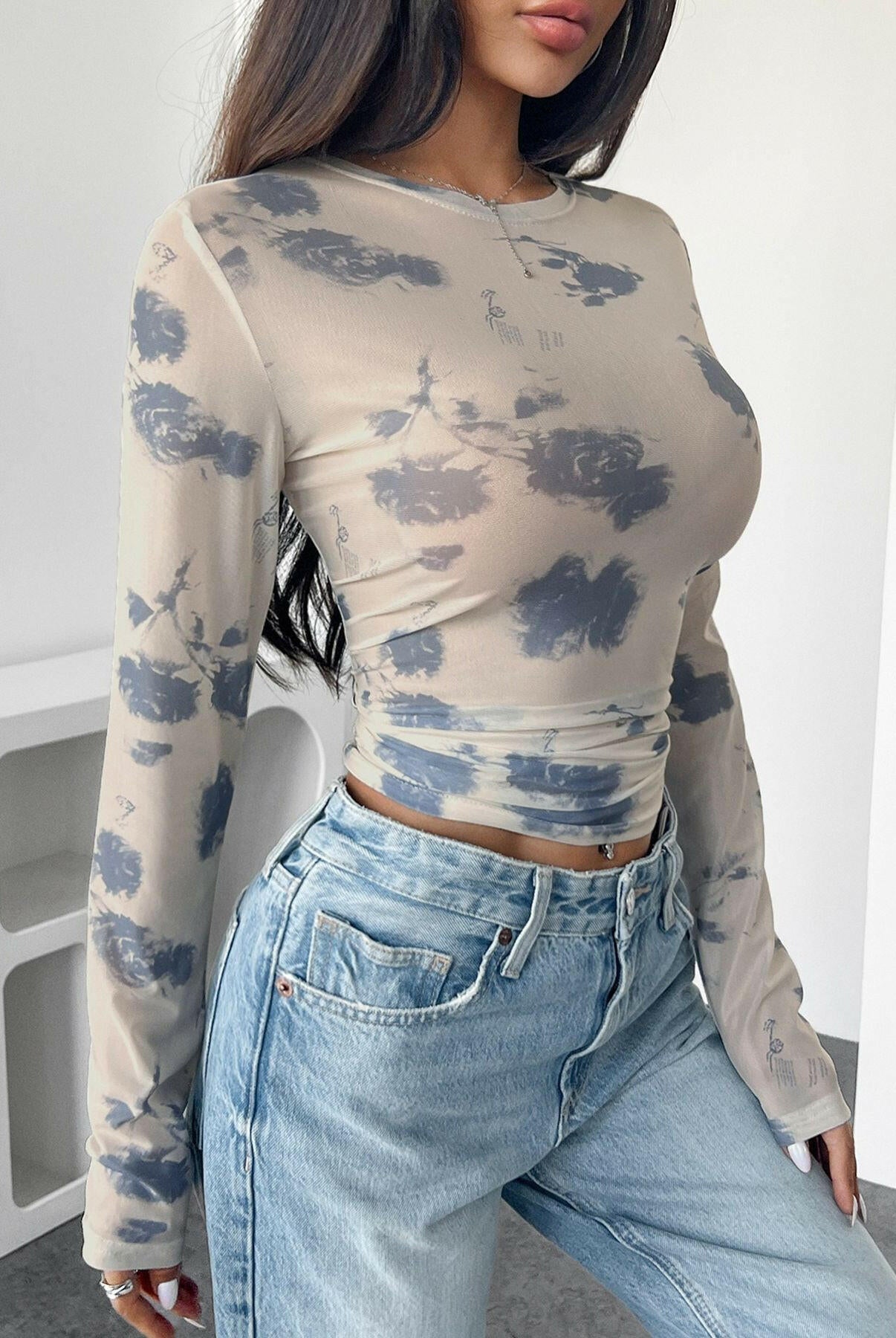 Cloud Wash Mesh Long Sleeve Top-Tops-Krush Kandy, Women's Online Fashion Boutique Located in Phoenix, Arizona (Scottsdale Area)