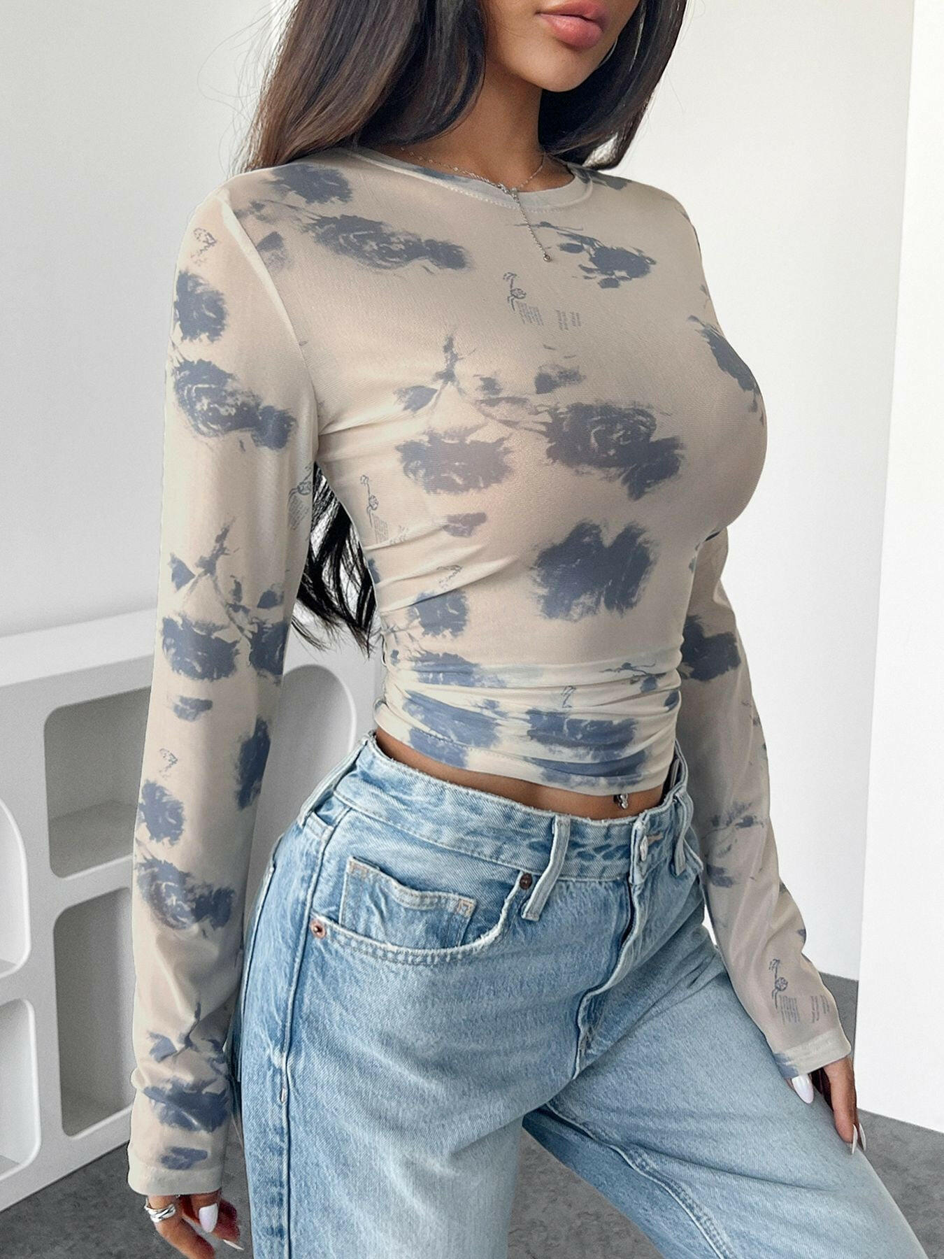 Cloud Wash Mesh Long Sleeve Top-Tops-Krush Kandy, Women's Online Fashion Boutique Located in Phoenix, Arizona (Scottsdale Area)