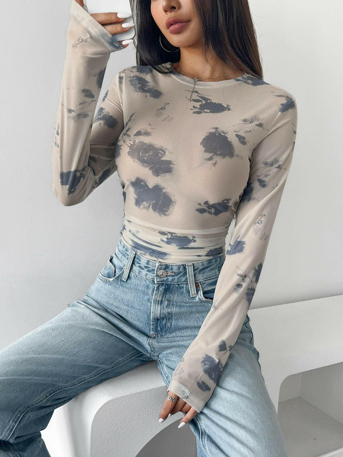 Cloud Wash Mesh Long Sleeve Top-Tops-Krush Kandy, Women's Online Fashion Boutique Located in Phoenix, Arizona (Scottsdale Area)