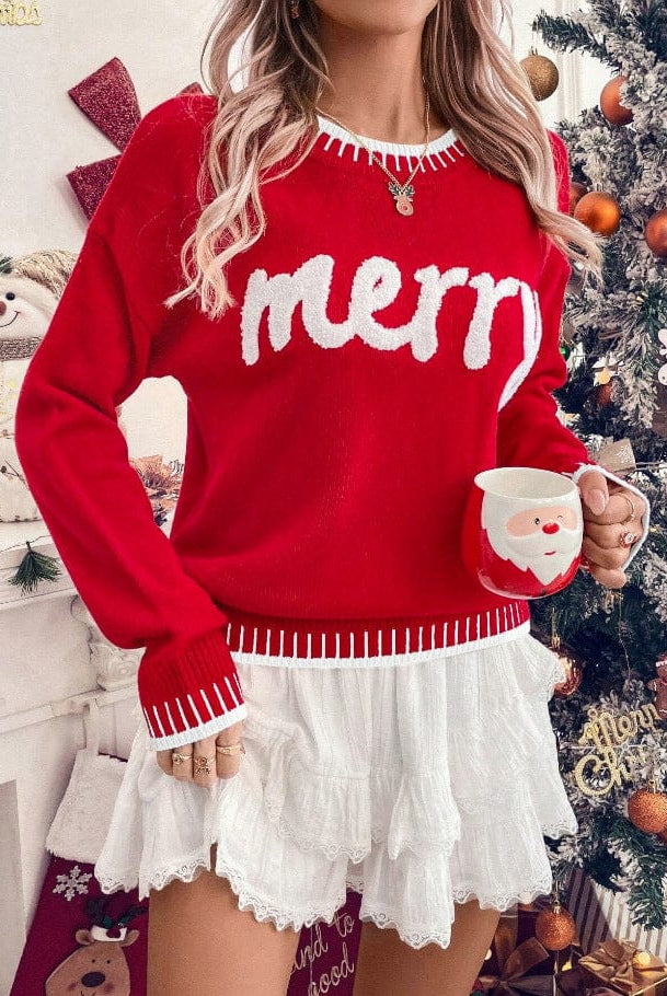 Merry Contrast Hem Holiday Sweater-Sweater-Krush Kandy, Women's Online Fashion Boutique Located in Phoenix, Arizona (Scottsdale Area)