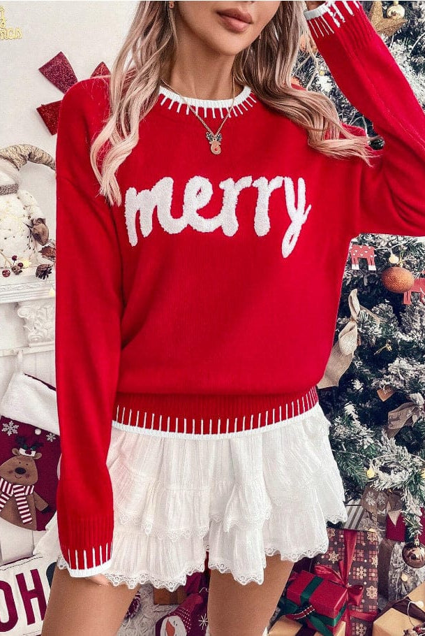 Merry Contrast Hem Holiday Sweater-Sweater-Krush Kandy, Women's Online Fashion Boutique Located in Phoenix, Arizona (Scottsdale Area)