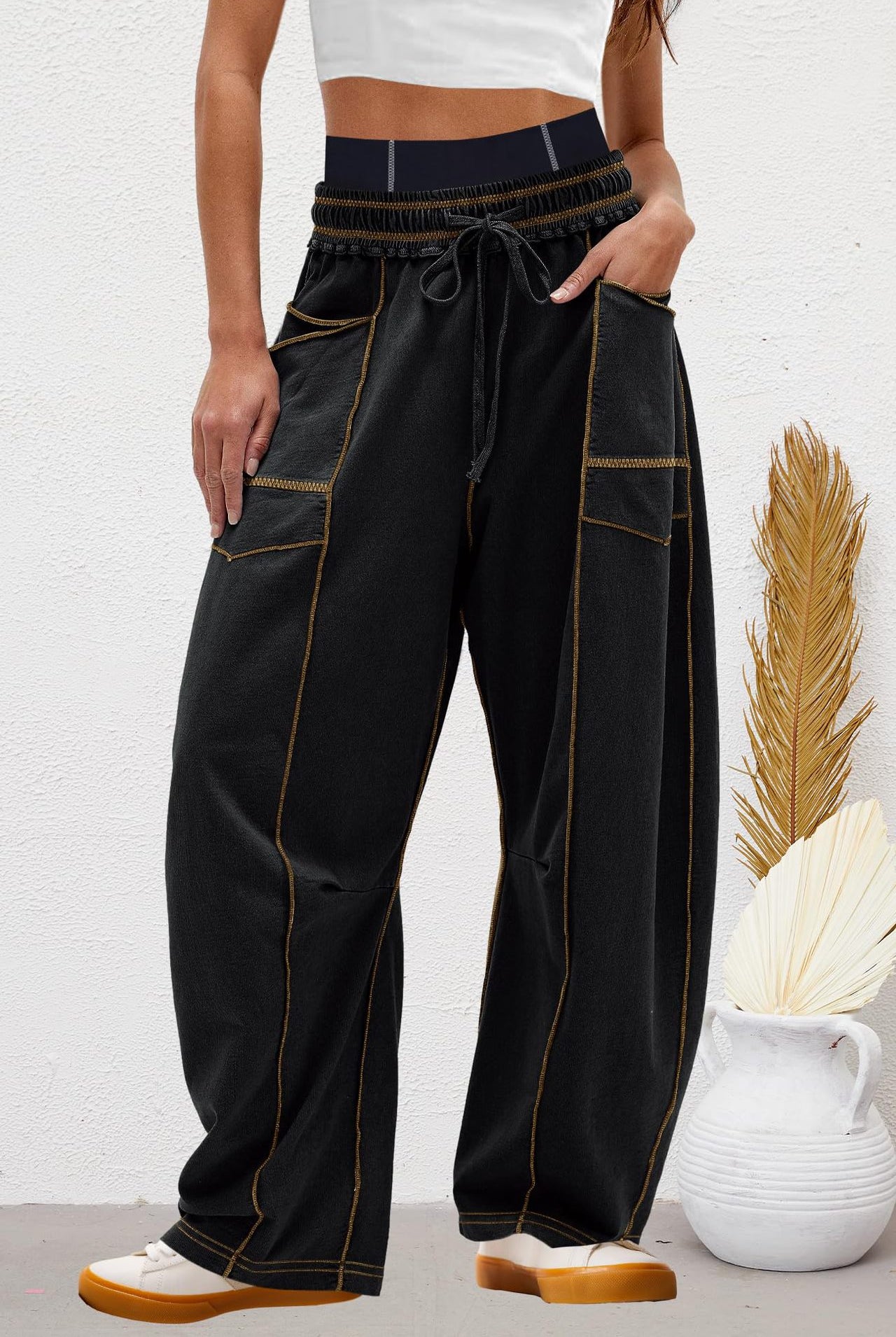 Wide Leg Contrast Barrel Pants-Pants-Krush Kandy, Women's Online Fashion Boutique Located in Phoenix, Arizona (Scottsdale Area)