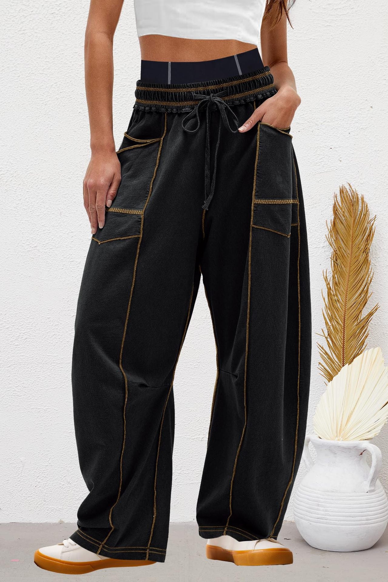 Wide Leg Contrast Barrel Pants-Pants-Krush Kandy, Women's Online Fashion Boutique Located in Phoenix, Arizona (Scottsdale Area)