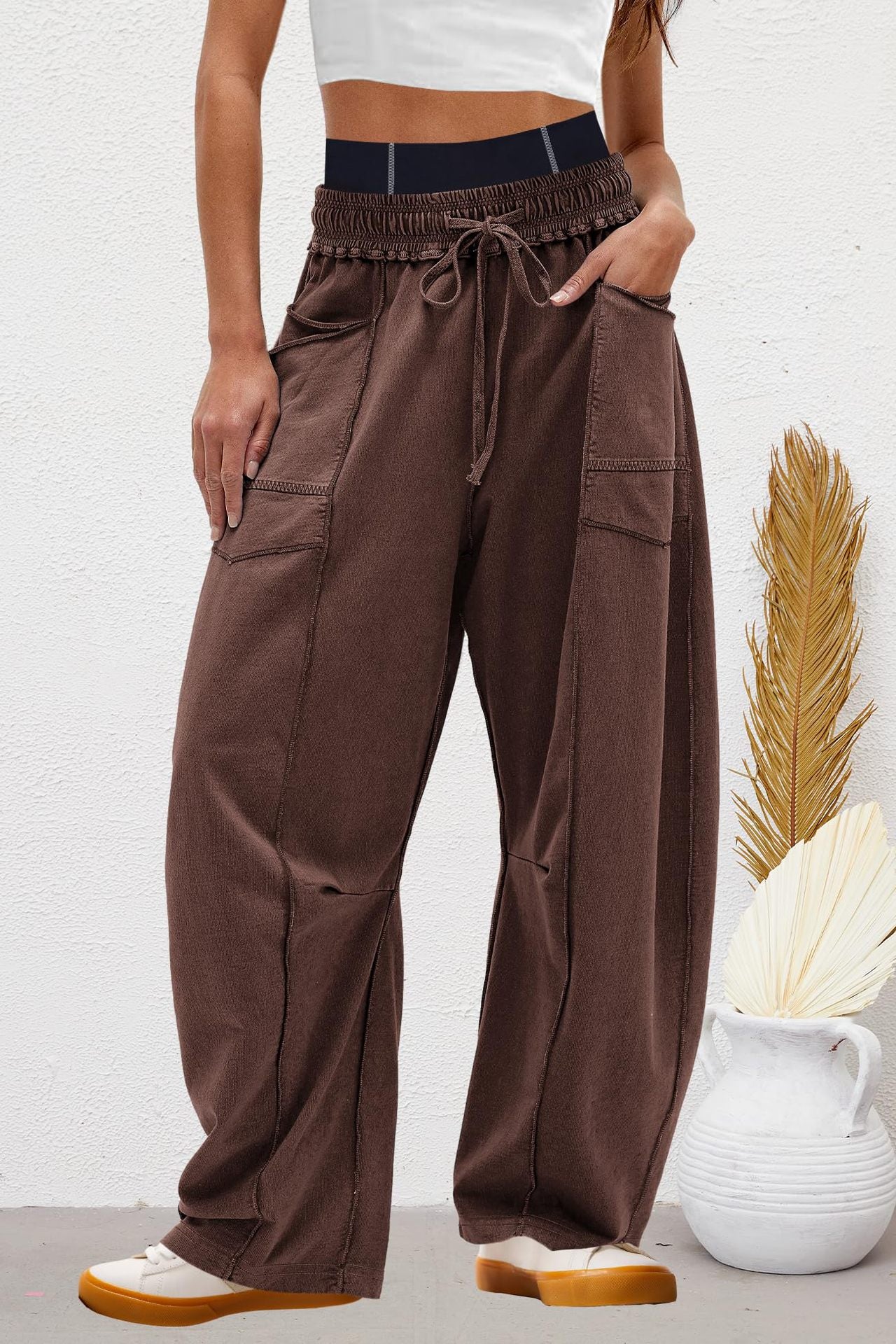 Wide Leg Contrast Barrel Pants-Pants-Krush Kandy, Women's Online Fashion Boutique Located in Phoenix, Arizona (Scottsdale Area)