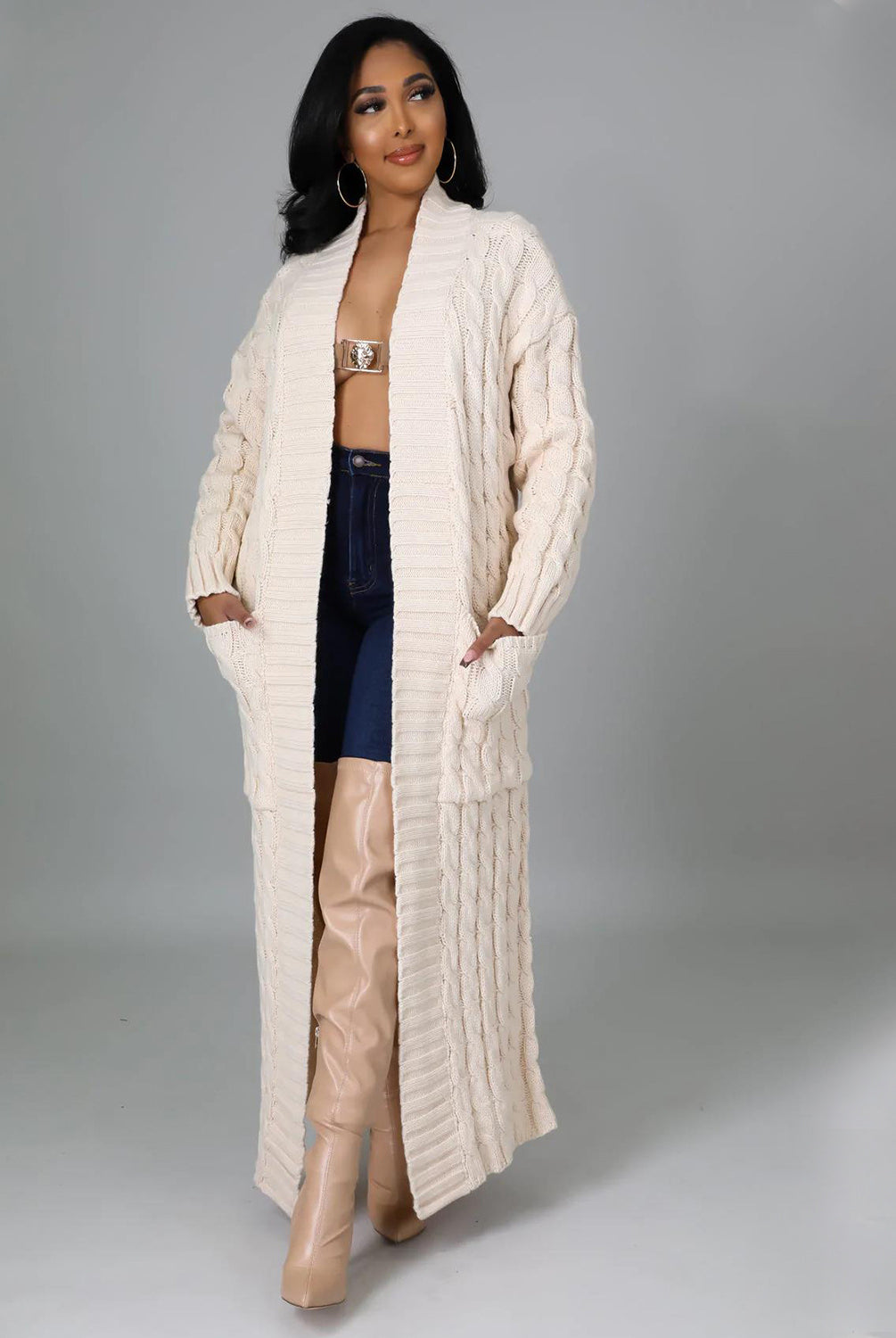 Set The Tone Open Long Knit Pocket Cardigan-Cardigans-Krush Kandy, Women's Online Fashion Boutique Located in Phoenix, Arizona (Scottsdale Area)