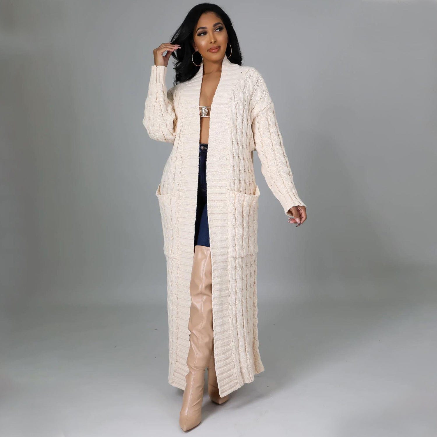 Set The Tone Open Long Knit Pocket Cardigan-Cardigans-Krush Kandy, Women's Online Fashion Boutique Located in Phoenix, Arizona (Scottsdale Area)