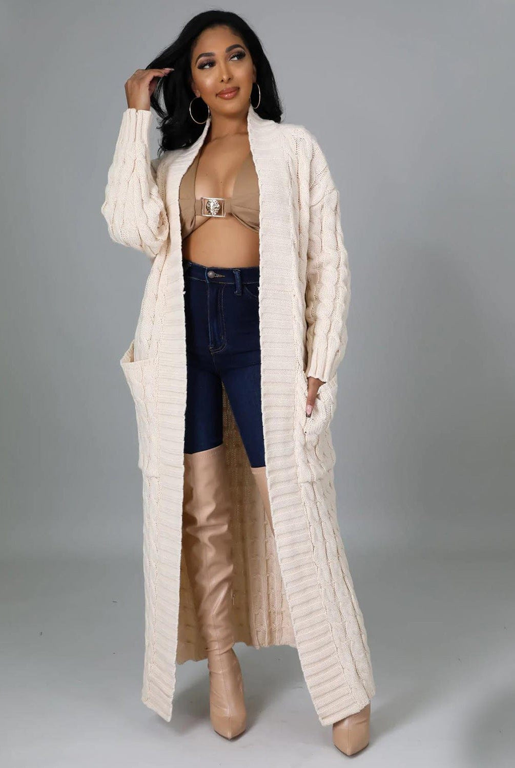 Set The Tone Open Long Knit Pocket Cardigan-Cardigans-Krush Kandy, Women's Online Fashion Boutique Located in Phoenix, Arizona (Scottsdale Area)