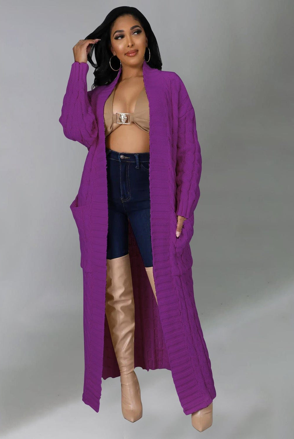 Set The Tone Open Long Knit Pocket Cardigan-Cardigans-Krush Kandy, Women's Online Fashion Boutique Located in Phoenix, Arizona (Scottsdale Area)