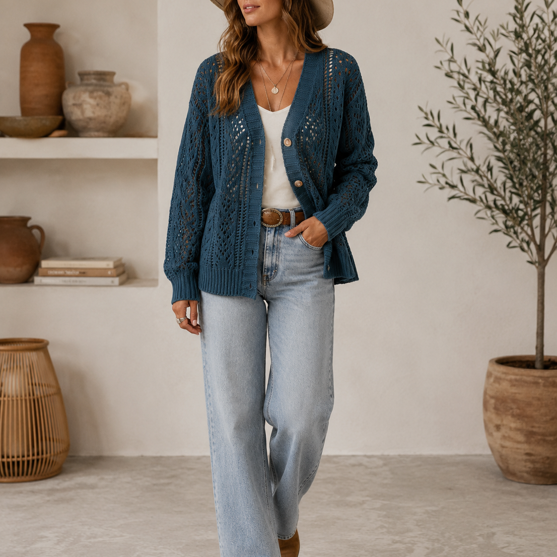 Openwork Button Up Long Sleeve Cardigan