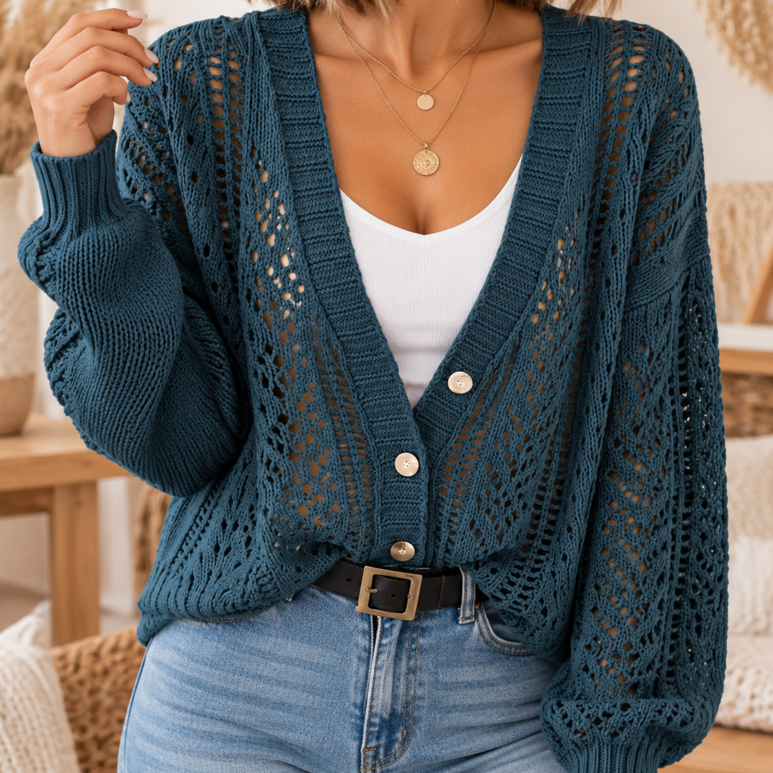 Openwork Button Up Long Sleeve Cardigan