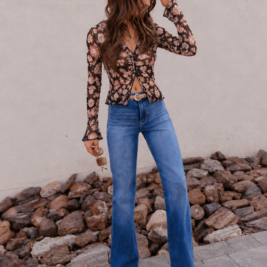 Petalwood Mesh Dreamer Button Sheer Long Sleeve Top