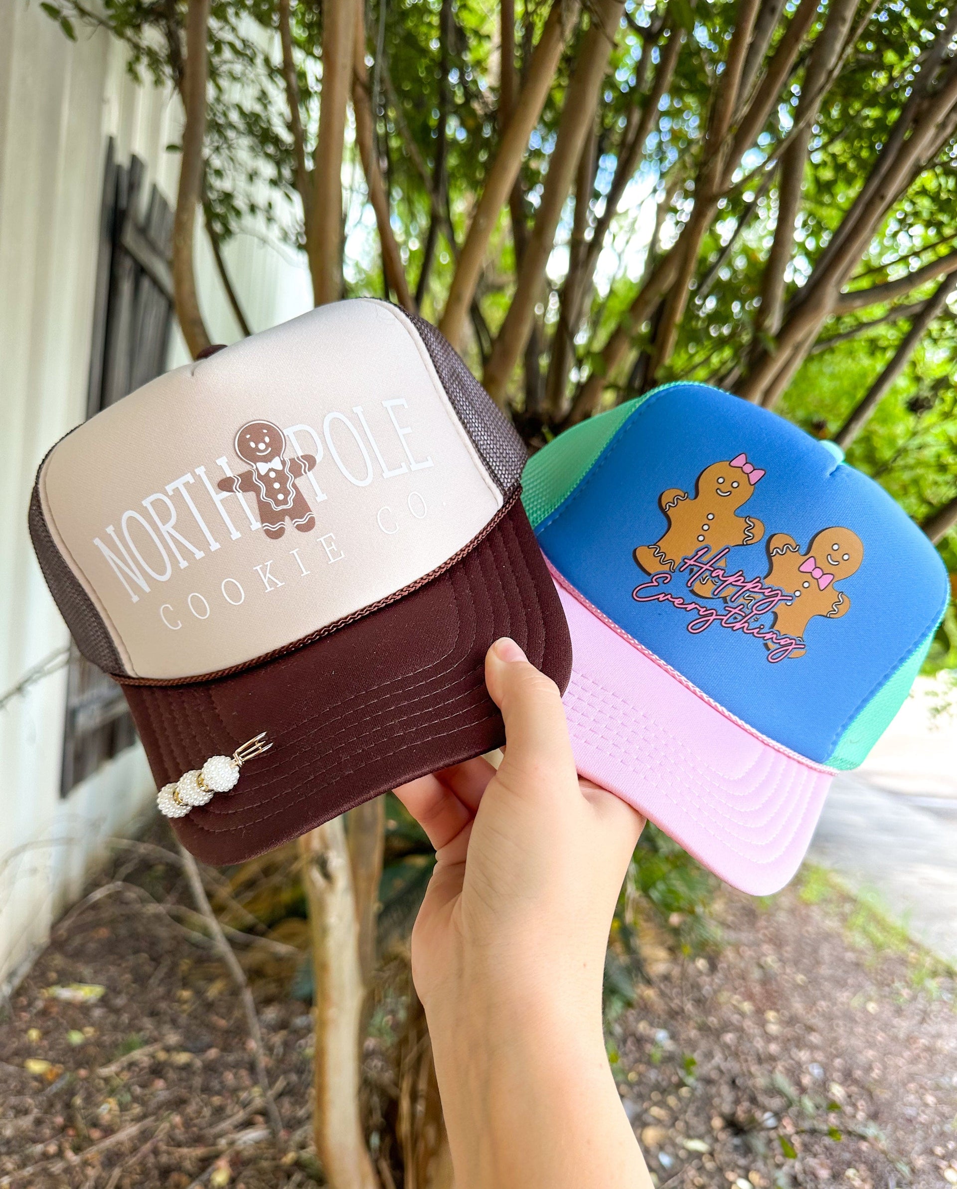 Happy Everything Gingerbread Multi Trucker Hat (Carolina Blue)-hat-Krush Kandy, Women's Online Fashion Boutique Located in Phoenix, Arizona (Scottsdale Area)