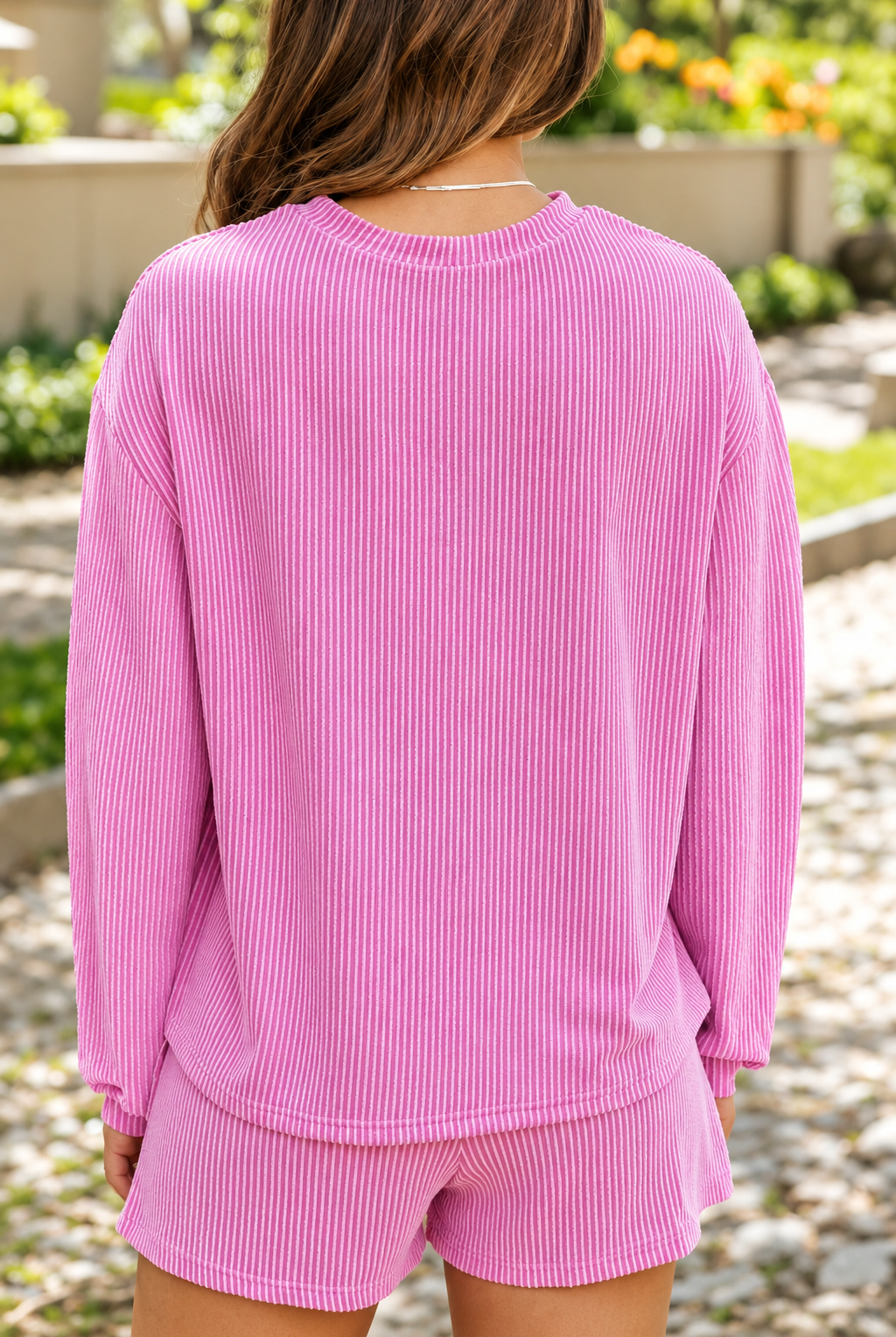 Pink Ribbed Lounge Set in Blooming Garden.png
