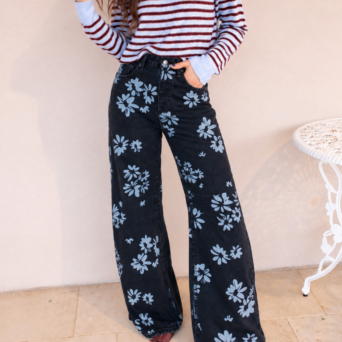 Printed Wide Leg Denim Pants