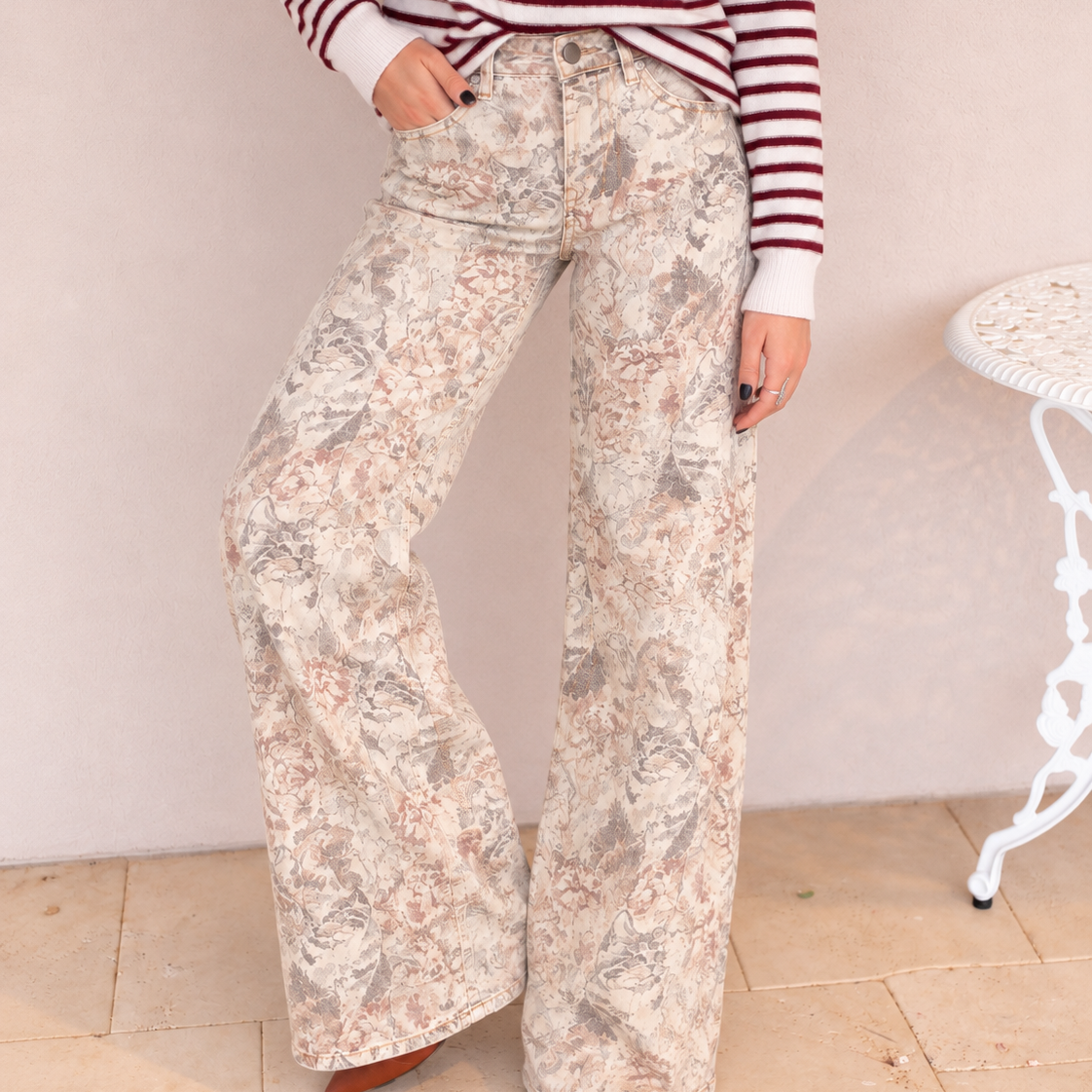 Printed Wide Leg Denim Pants