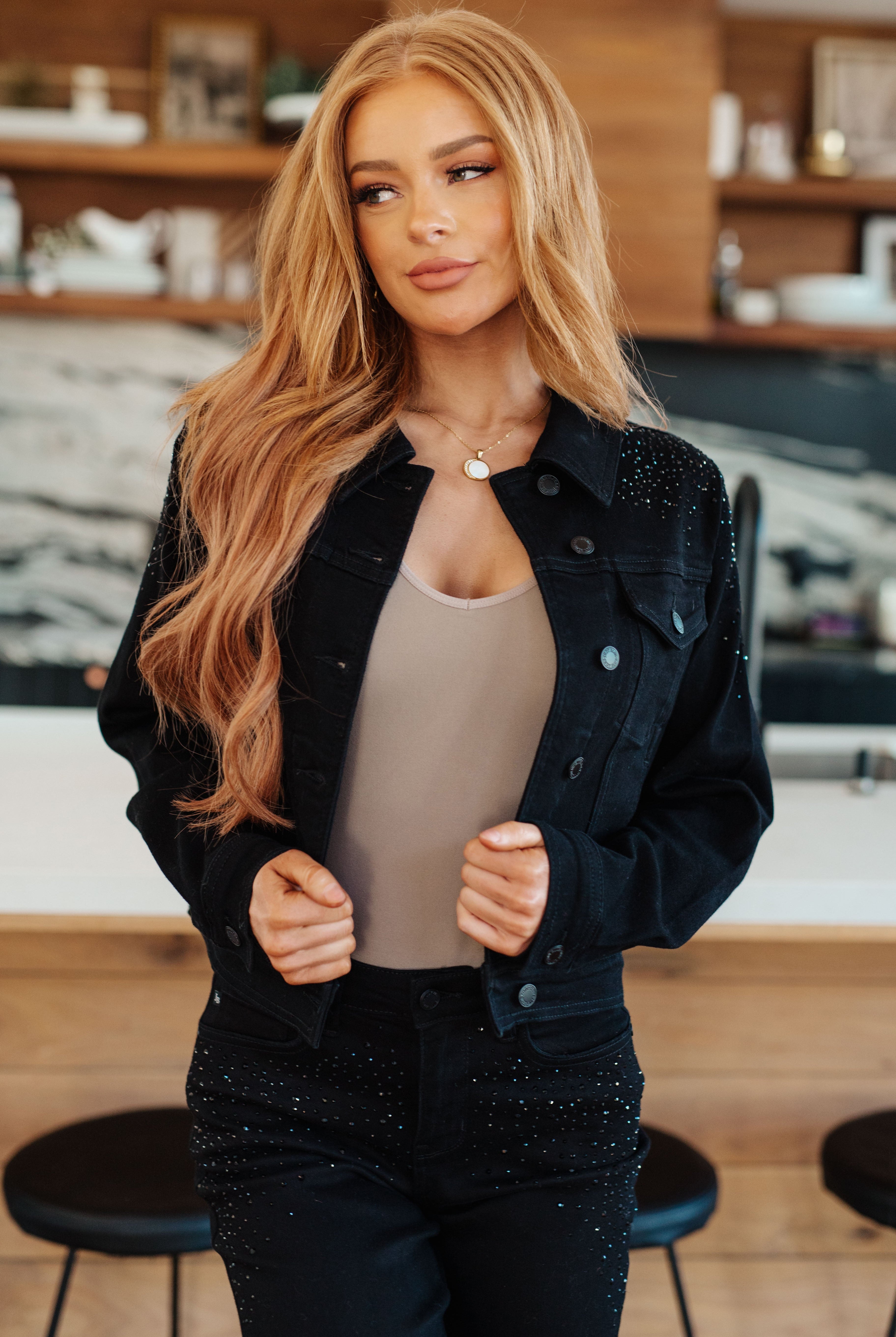 Reese Rhinestone Denim Jacket in Black-Jackets-Krush Kandy, Women's Online Fashion Boutique Located in Phoenix, Arizona (Scottsdale Area)