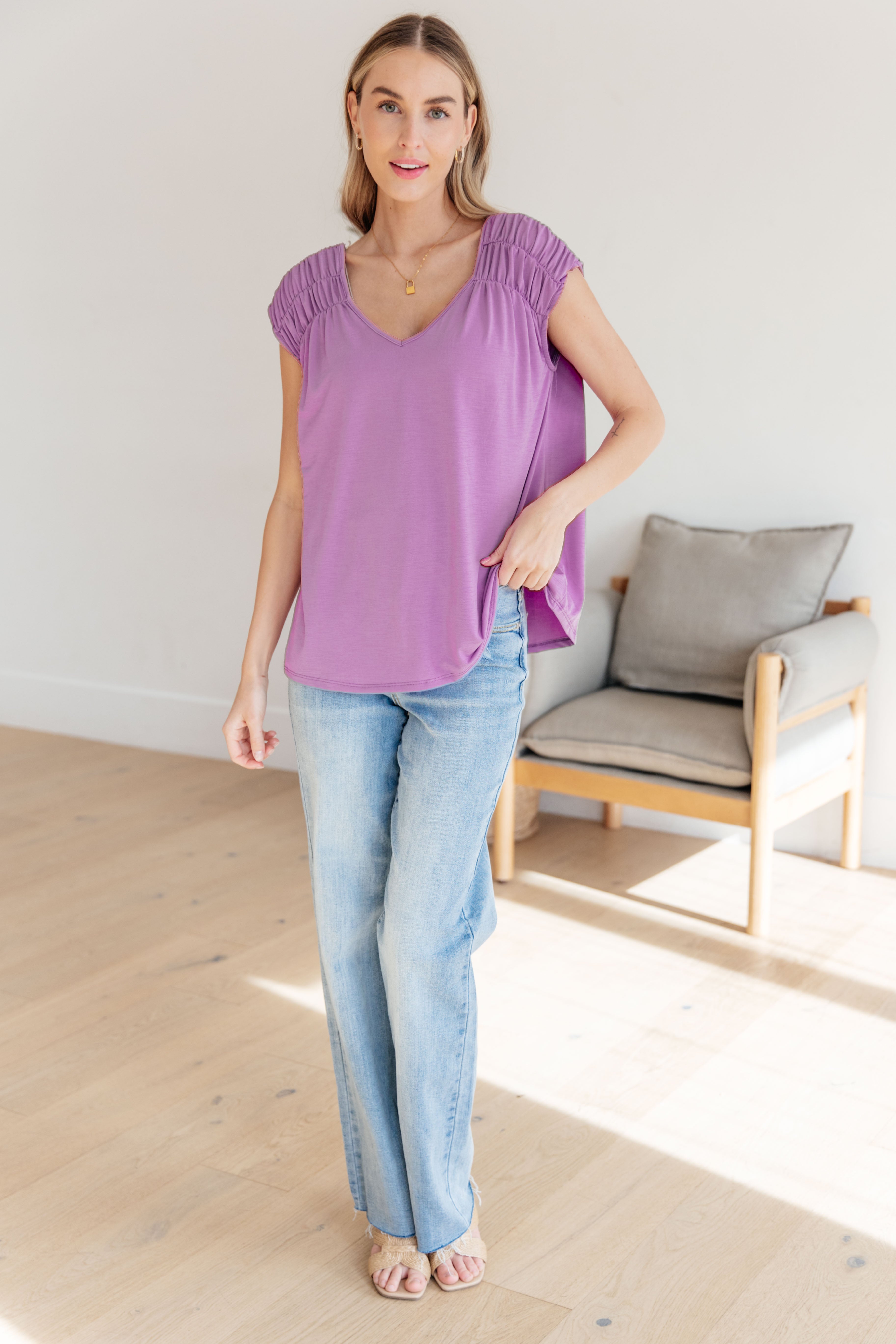 Ruched Cap Sleeve Top in Lavender-Short Sleeve Tops-Krush Kandy, Women's Online Fashion Boutique Located in Phoenix, Arizona (Scottsdale Area)
