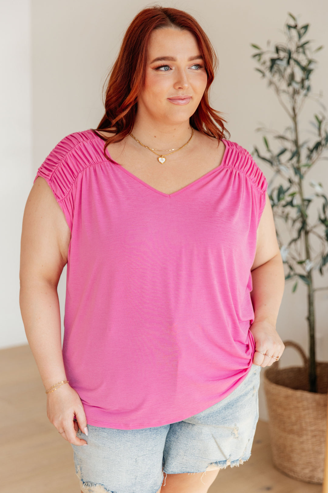 Ruched Cap Sleeve Top in Magenta-Short Sleeve Tops-Krush Kandy, Women's Online Fashion Boutique Located in Phoenix, Arizona (Scottsdale Area)