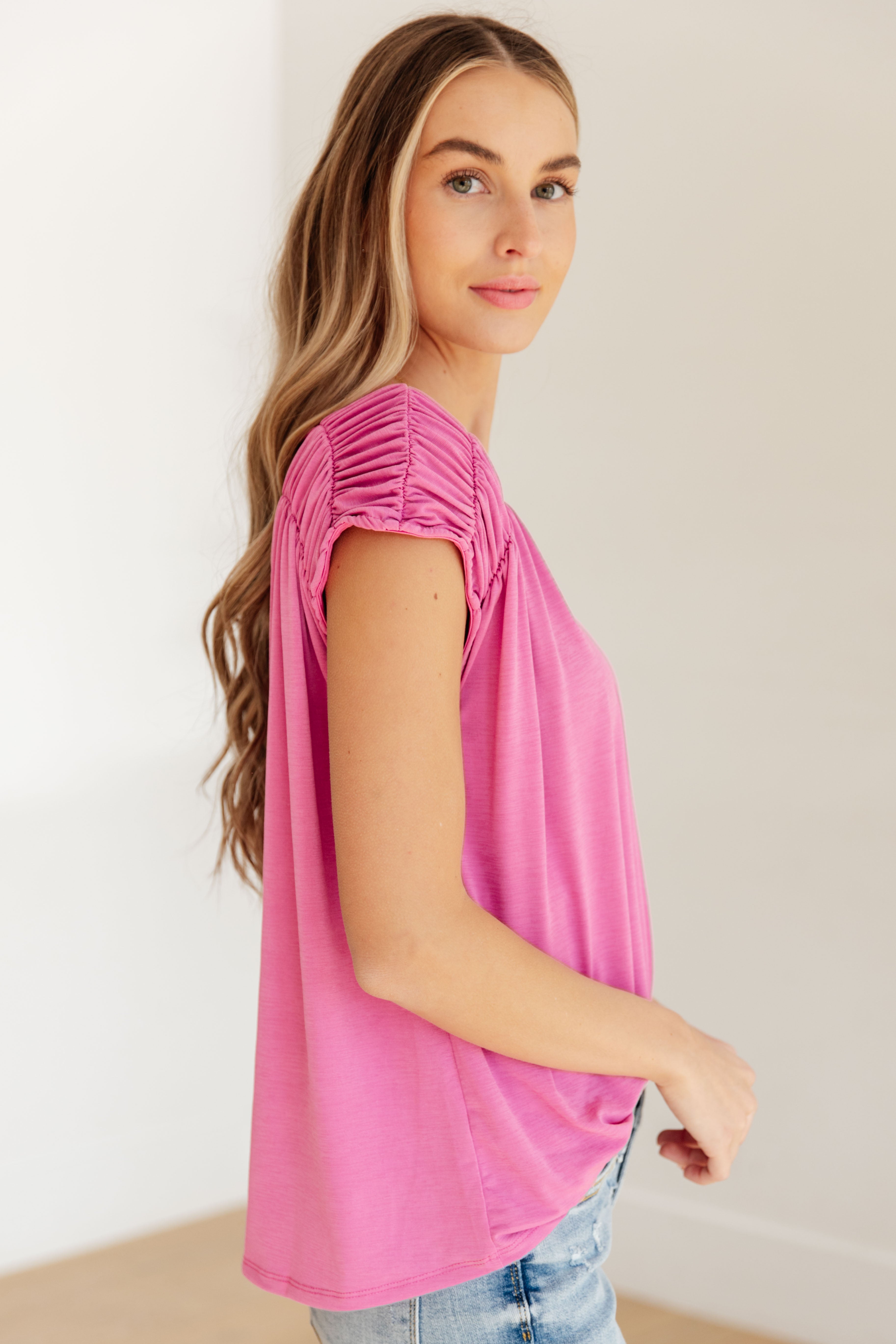 Ruched Cap Sleeve Top in Magenta-Short Sleeve Tops-Krush Kandy, Women's Online Fashion Boutique Located in Phoenix, Arizona (Scottsdale Area)