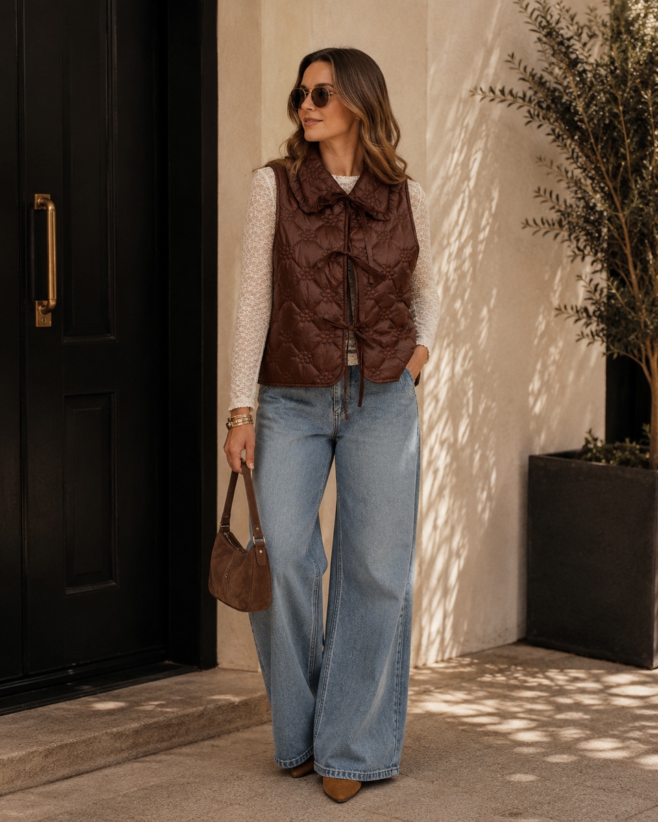 Ruffled Oversized Collar Quilted Tie-Front Vest – Feminine