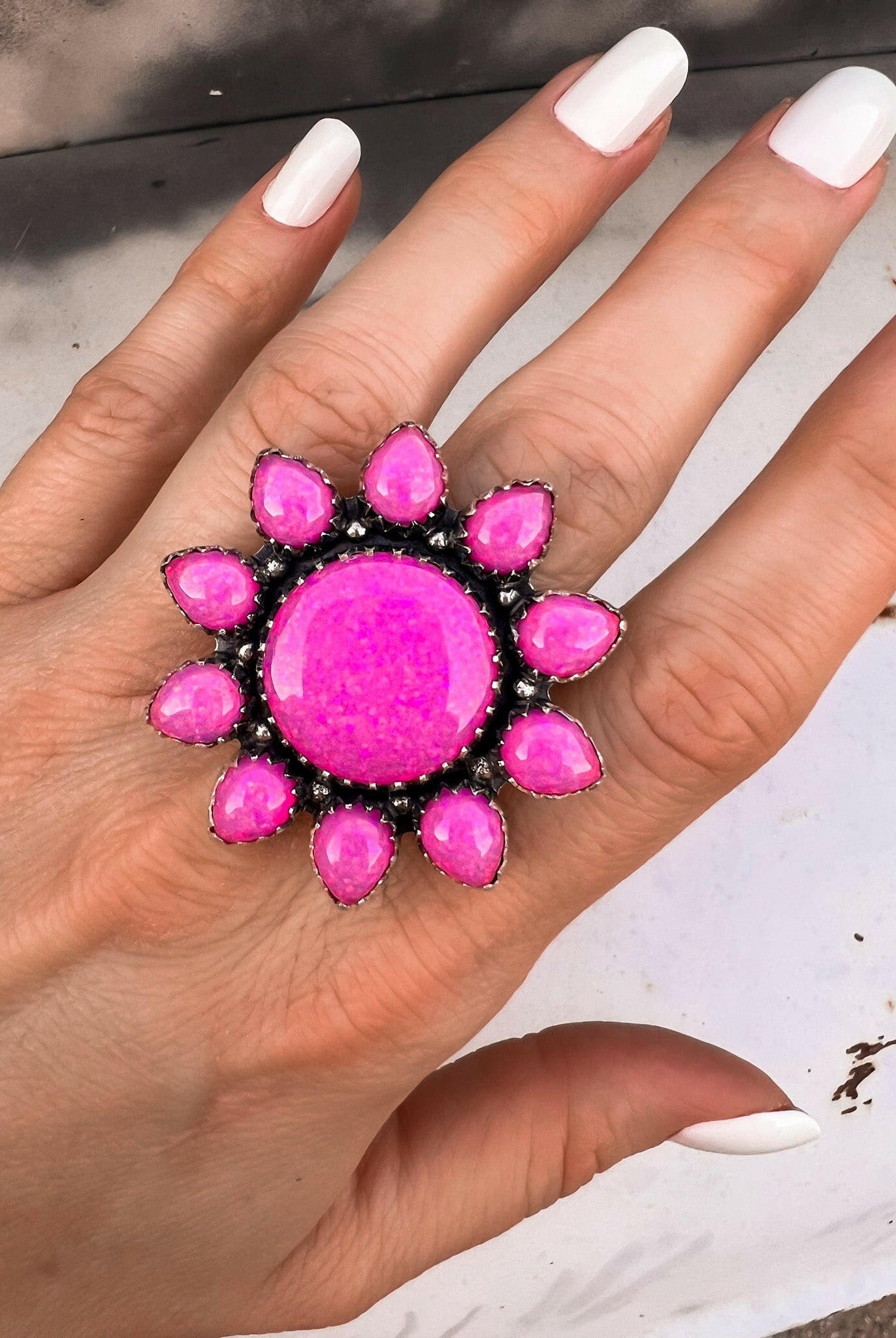 Neon Pink Opal Sunflower Cluster Sterling Silver Ring-Krush Kandy, Women's Online Fashion Boutique Located in Phoenix, Arizona (Scottsdale Area)