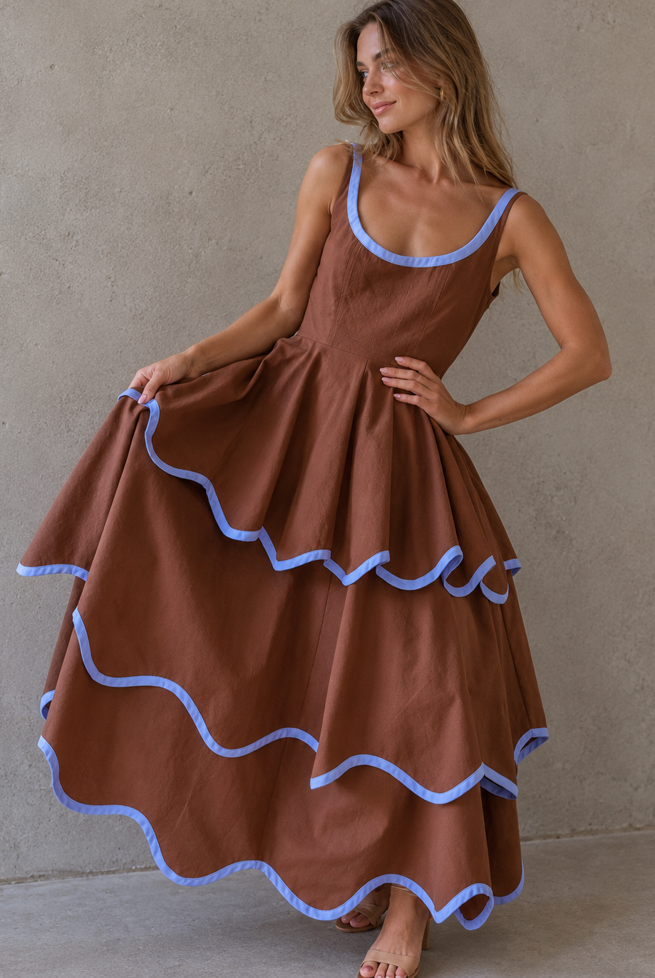 Scalloped Blue-Trimmed Brown Dress.png
