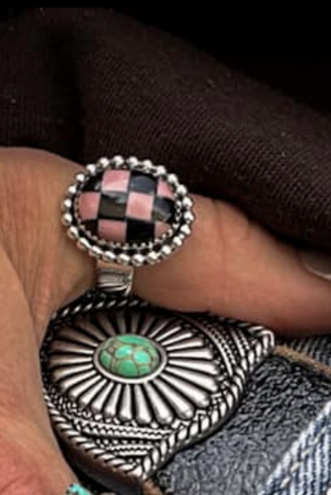 Pink & Black Checkered Print Sterling Silver Ring PREORDER-Rings-Krush Kandy, Women's Online Fashion Boutique Located in Phoenix, Arizona (Scottsdale Area)