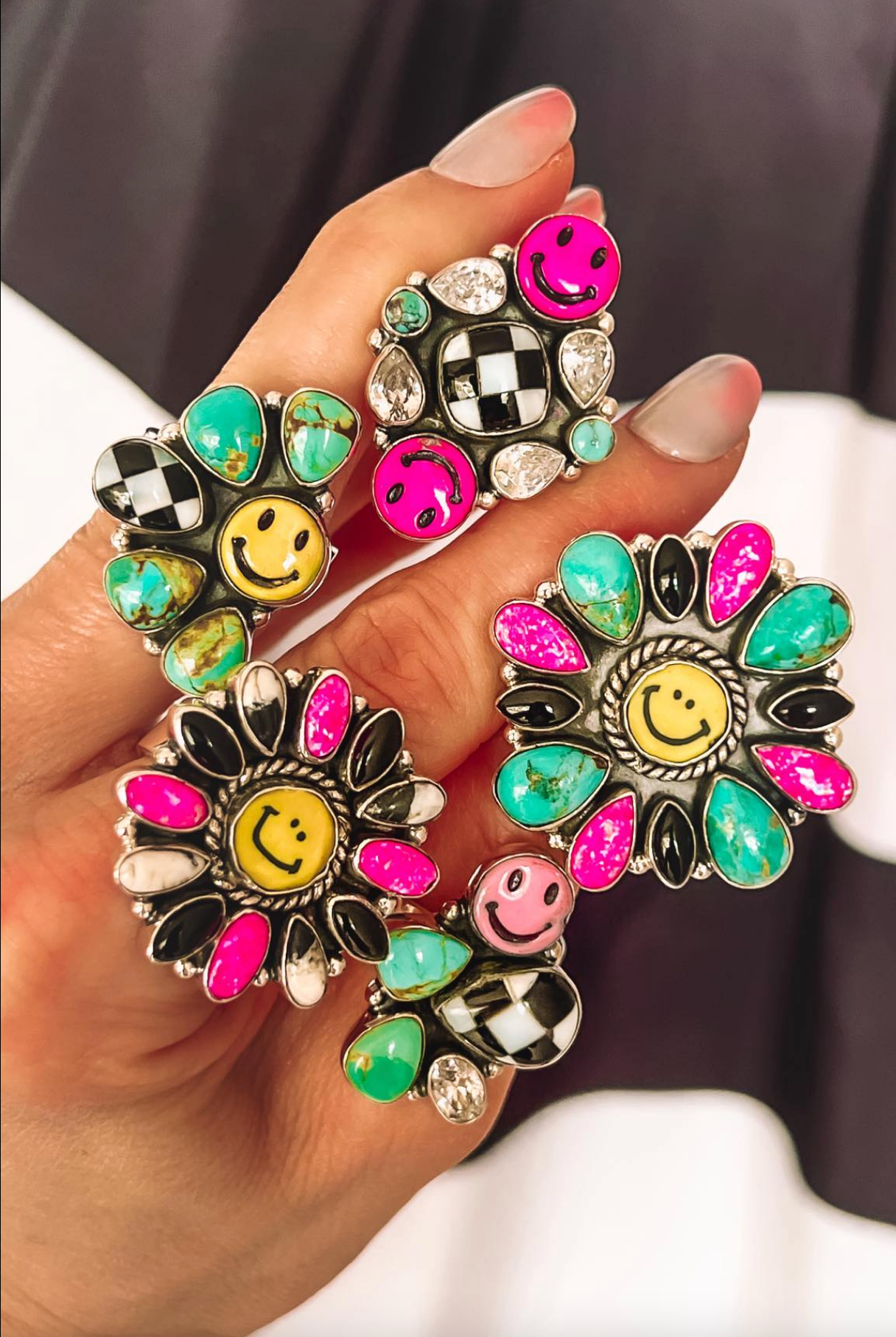 Happy Days Smiley Checkered Stone Rings-Cluster Rings-Krush Kandy, Women's Online Fashion Boutique Located in Phoenix, Arizona (Scottsdale Area)
