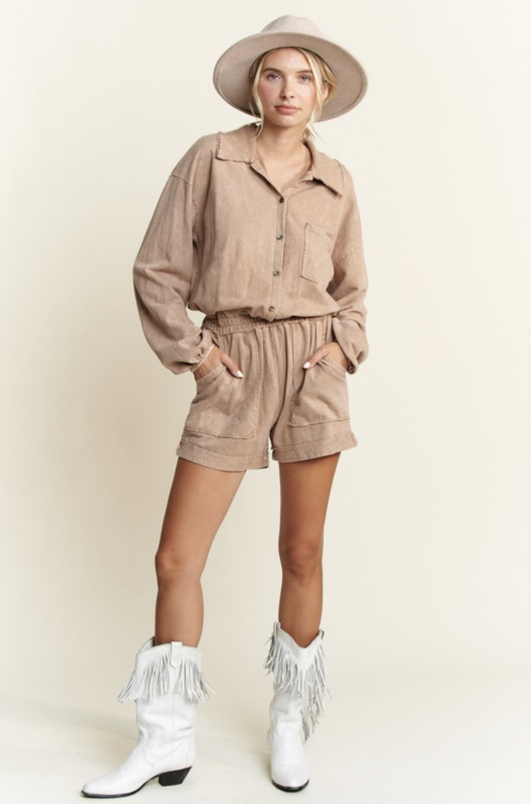 Mineral Washlong sleeve romper-Jumpsuits & Rompers-Krush Kandy, Women's Online Fashion Boutique Located in Phoenix, Arizona (Scottsdale Area)