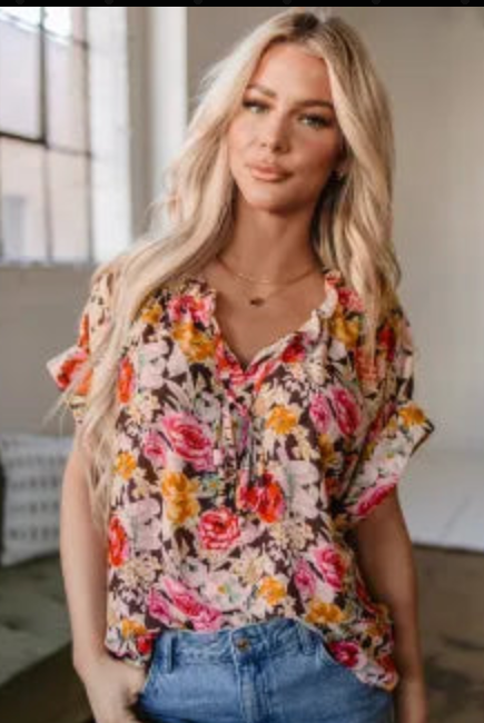 Pink Floral Print Crew Neck Short Sleeve Shift Blouse-Tops-Krush Kandy, Women's Online Fashion Boutique Located in Phoenix, Arizona (Scottsdale Area)