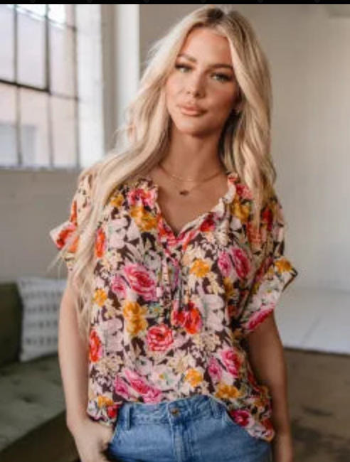 Pink Floral Print Crew Neck Short Sleeve Shift Blouse-Tops-Krush Kandy, Women's Online Fashion Boutique Located in Phoenix, Arizona (Scottsdale Area)